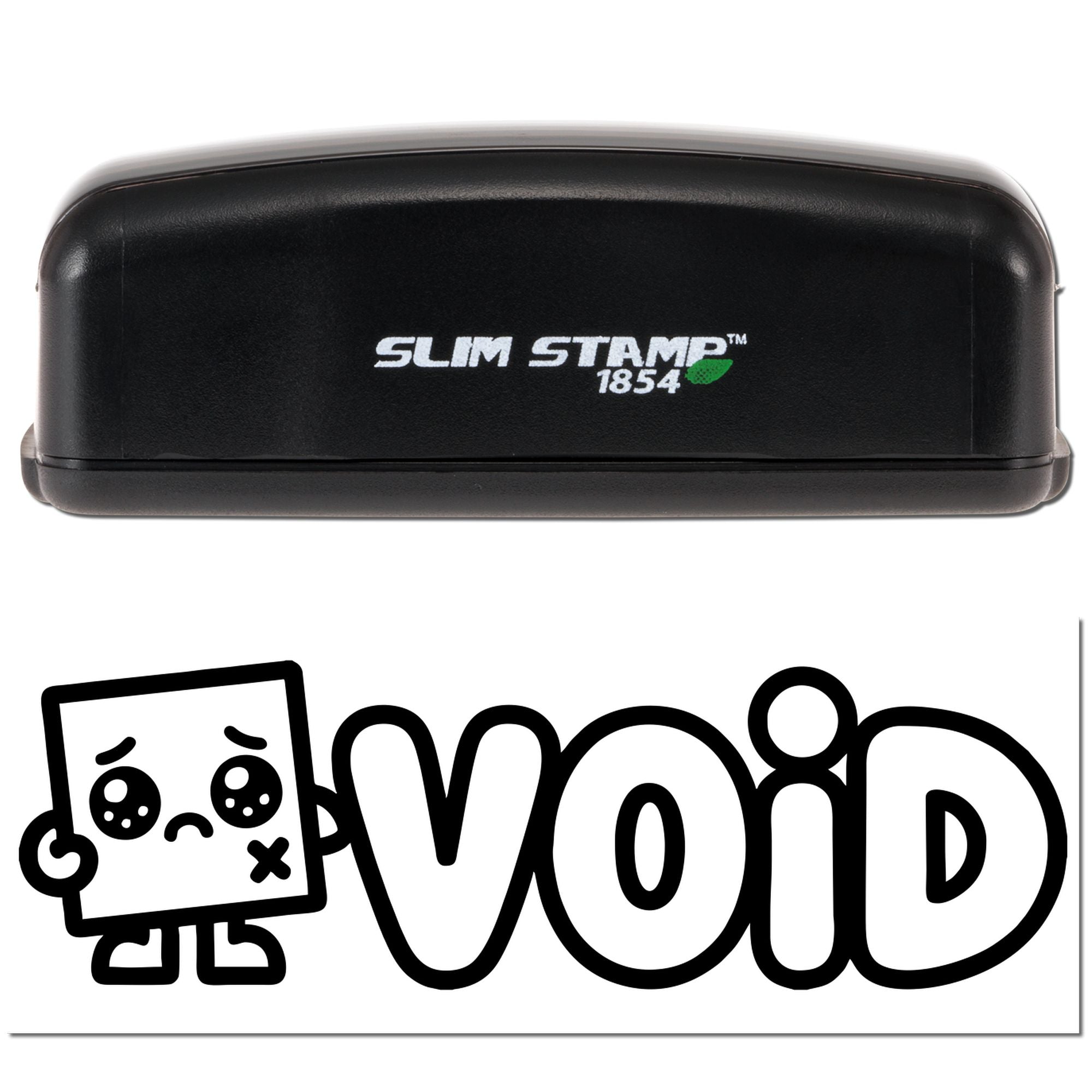 Black Slim Stamp 1854 stamp case with green leaf logo above bold black void seal graphic on white background