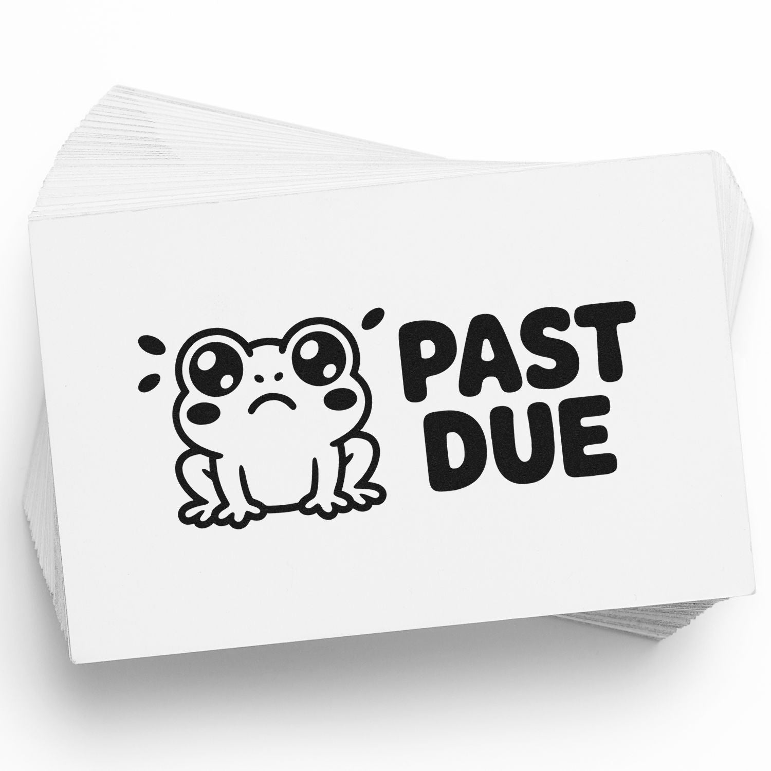 Black frog PAST DUE stamp on stacked white seal cards