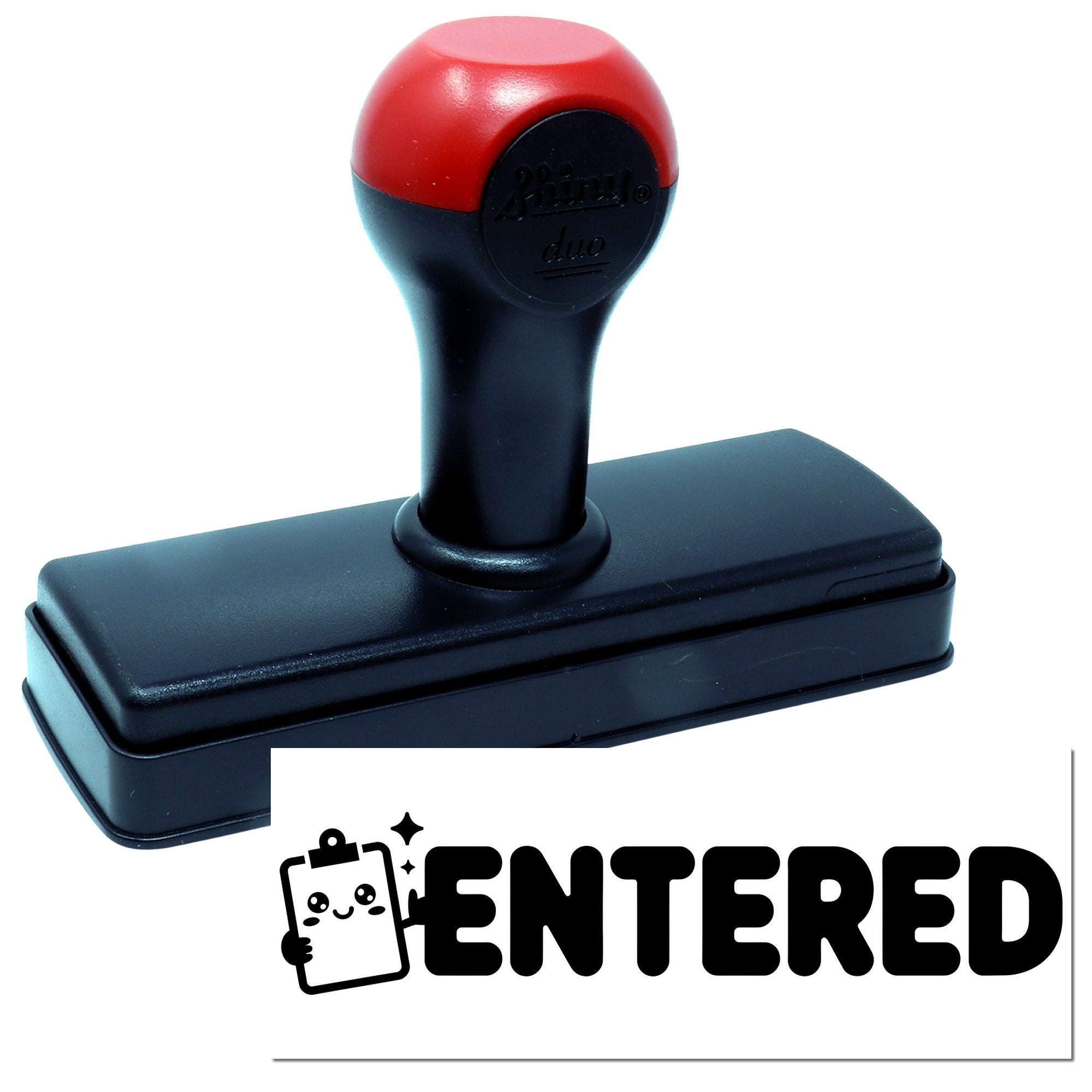 Red-and-black self-inking stamp and seal with rectangular black base and ENTERED logo on white background