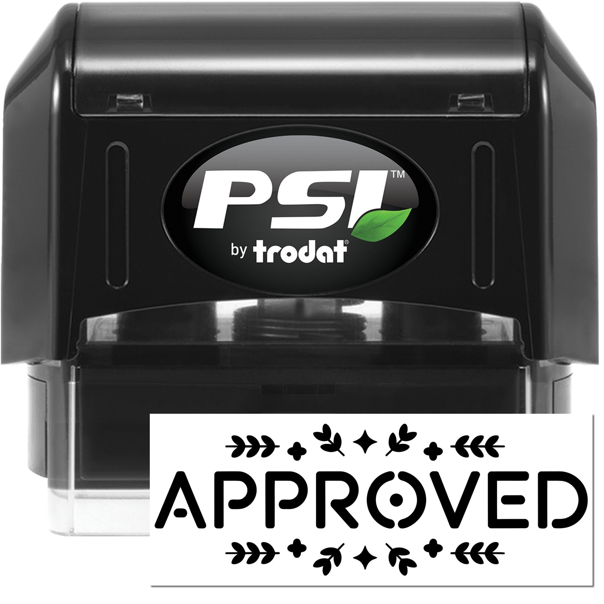 Black PSI by Trodat self-inking stamp with green leaf logo and white APPROVED seal impression