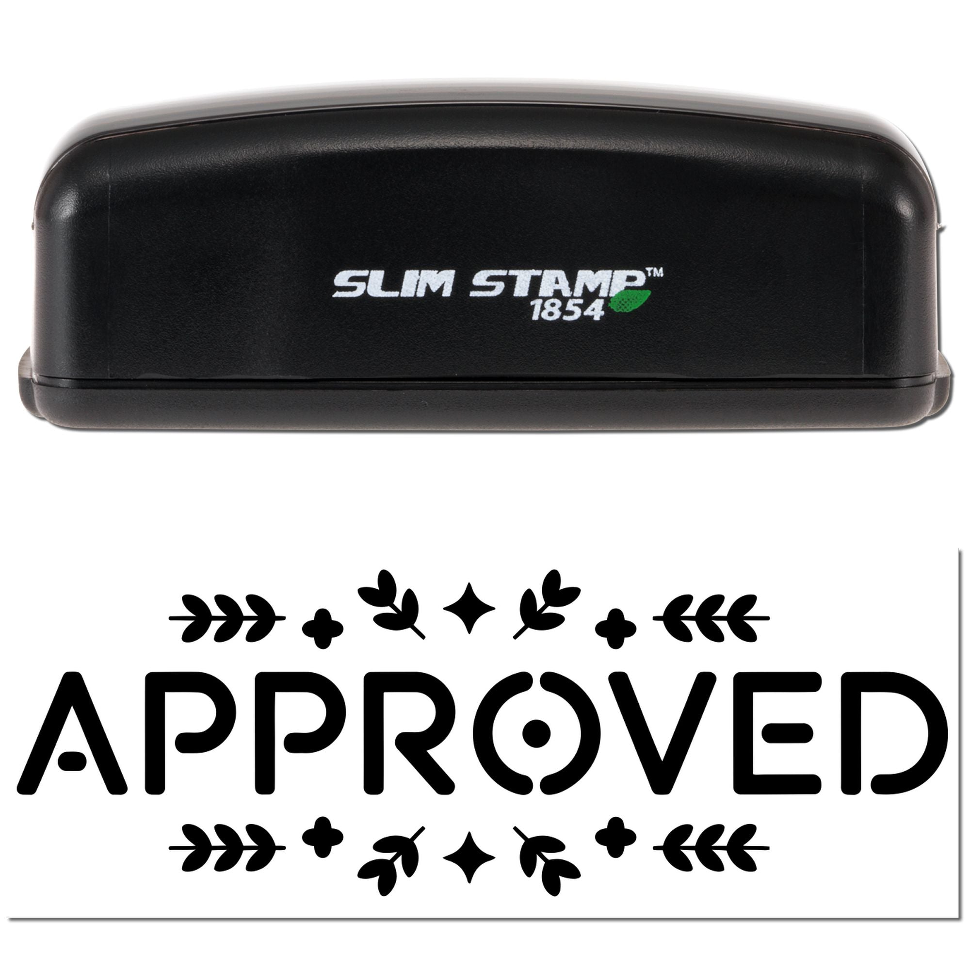 Black Slim Stamp 1854 self-inking stamp and white approved seal with black decorative leaf accents.