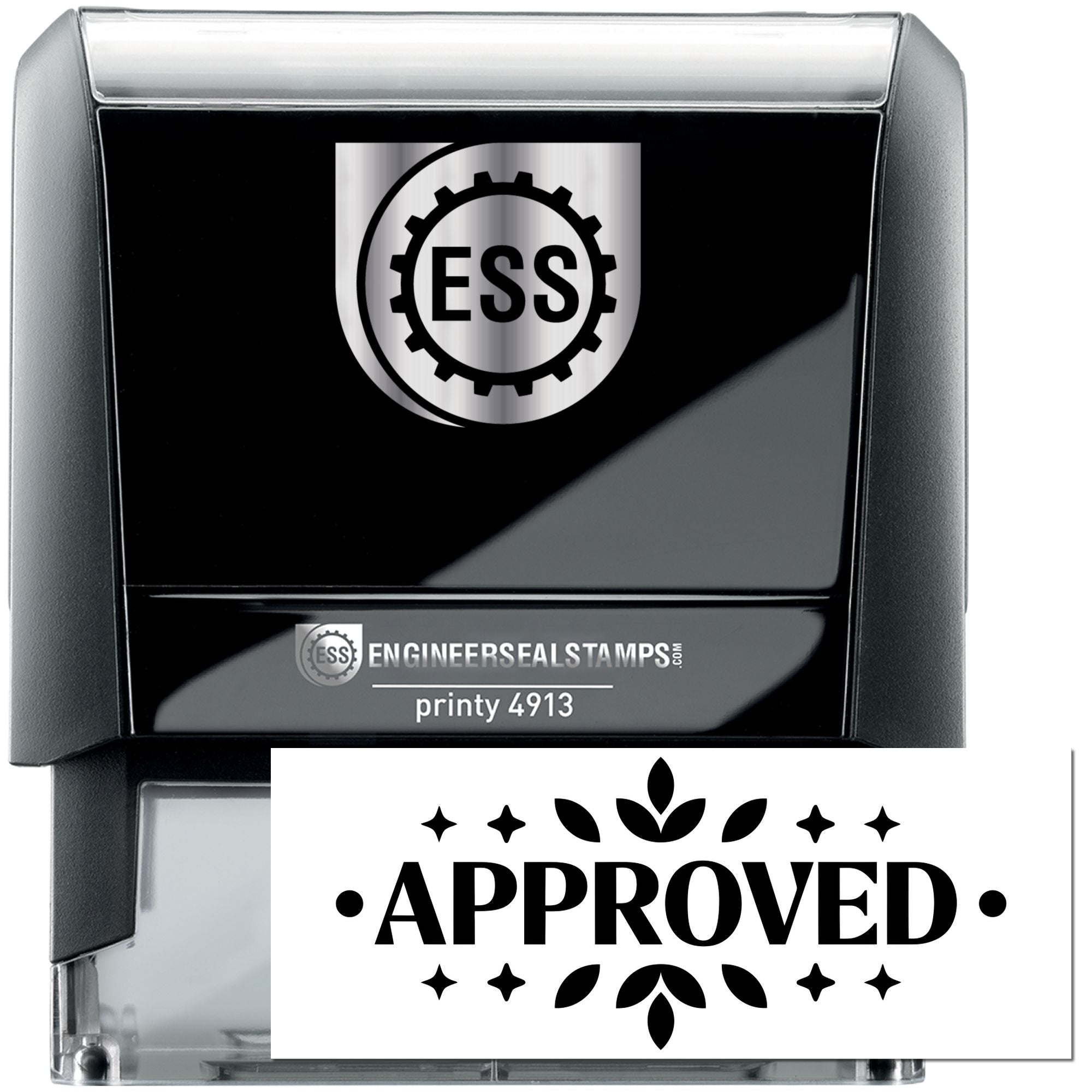 Black and silver self-inking ESS stamp and seal with gear logo and white APPROVED insert