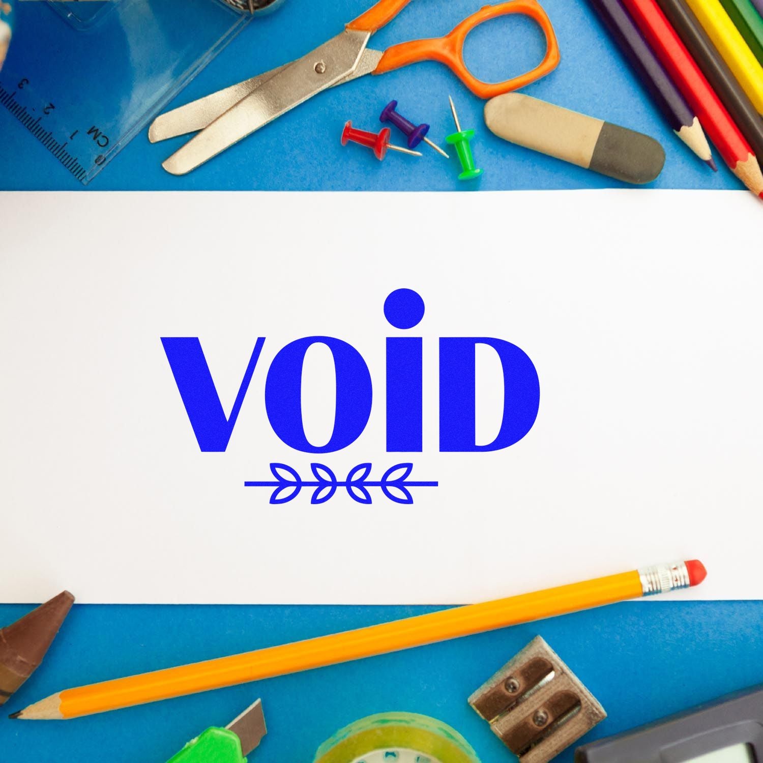 Blue VOID security seal stamp on white paper, surrounded by scissors, pencils, pins, and eraser on a blue background.