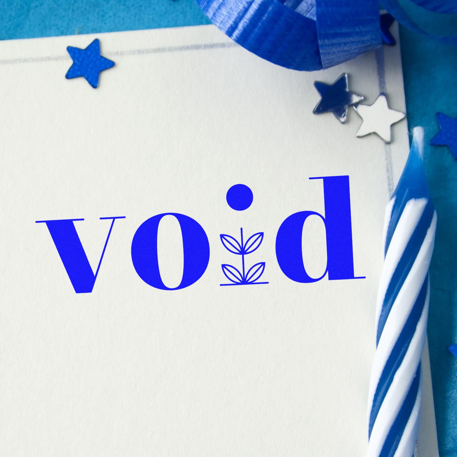 Blue and white custom stamp and seal card with vod lettering, star accents, and striped ribbon.