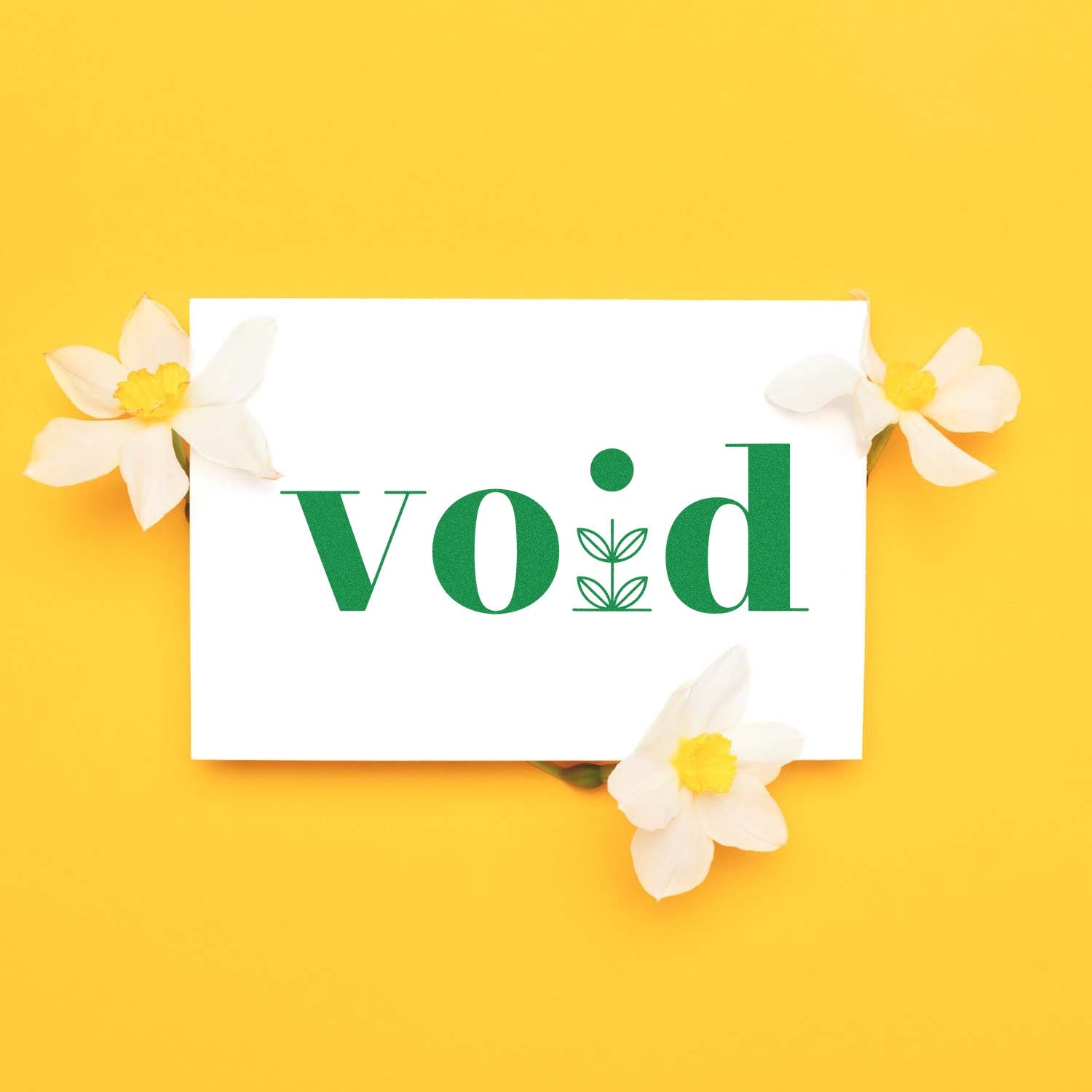 Green void stamp and seal on white card, surrounded by white flowers on a bright yellow background.