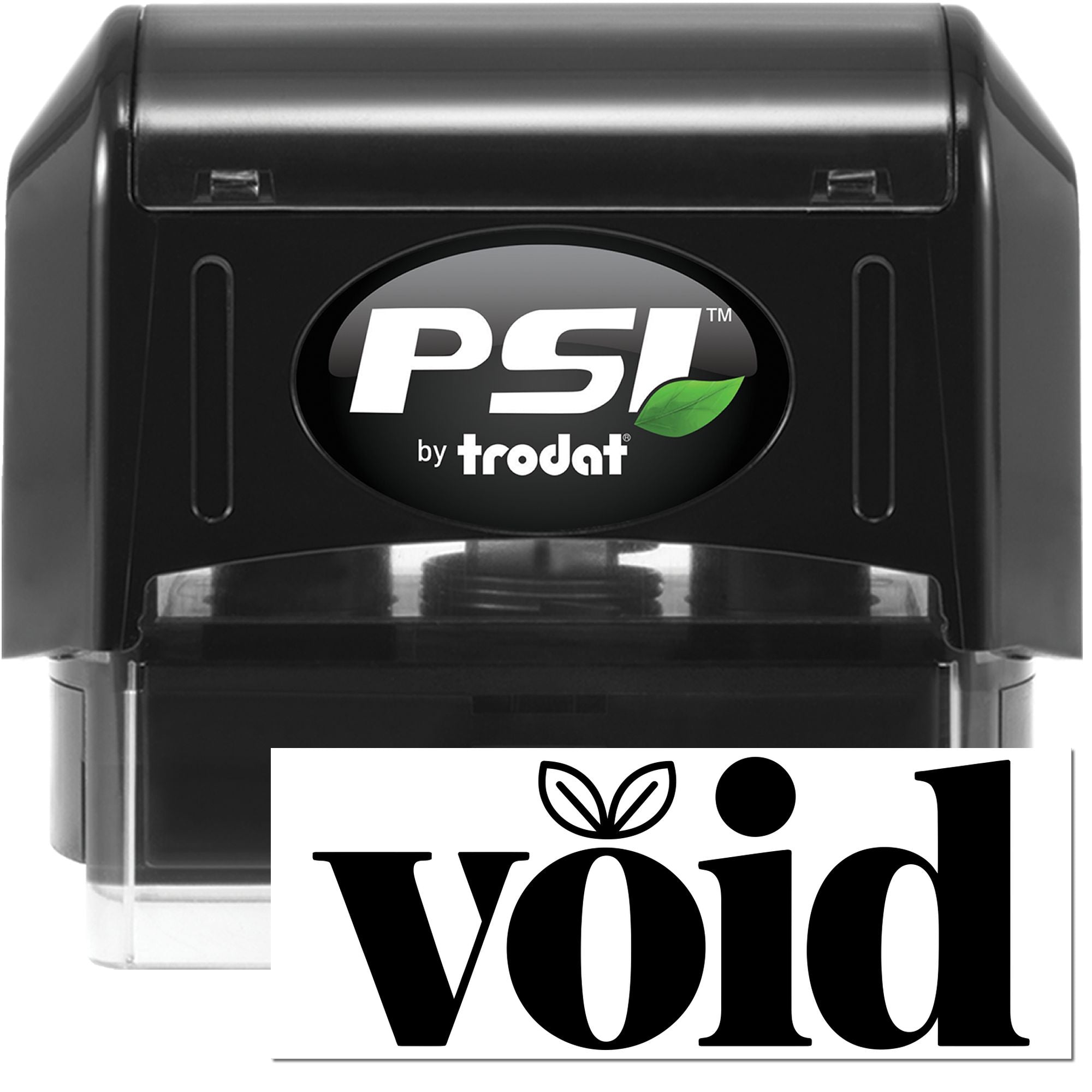 Black PSI by trodat self-inking stamp and VOID seal, with green leaf logo and clear plastic base.
