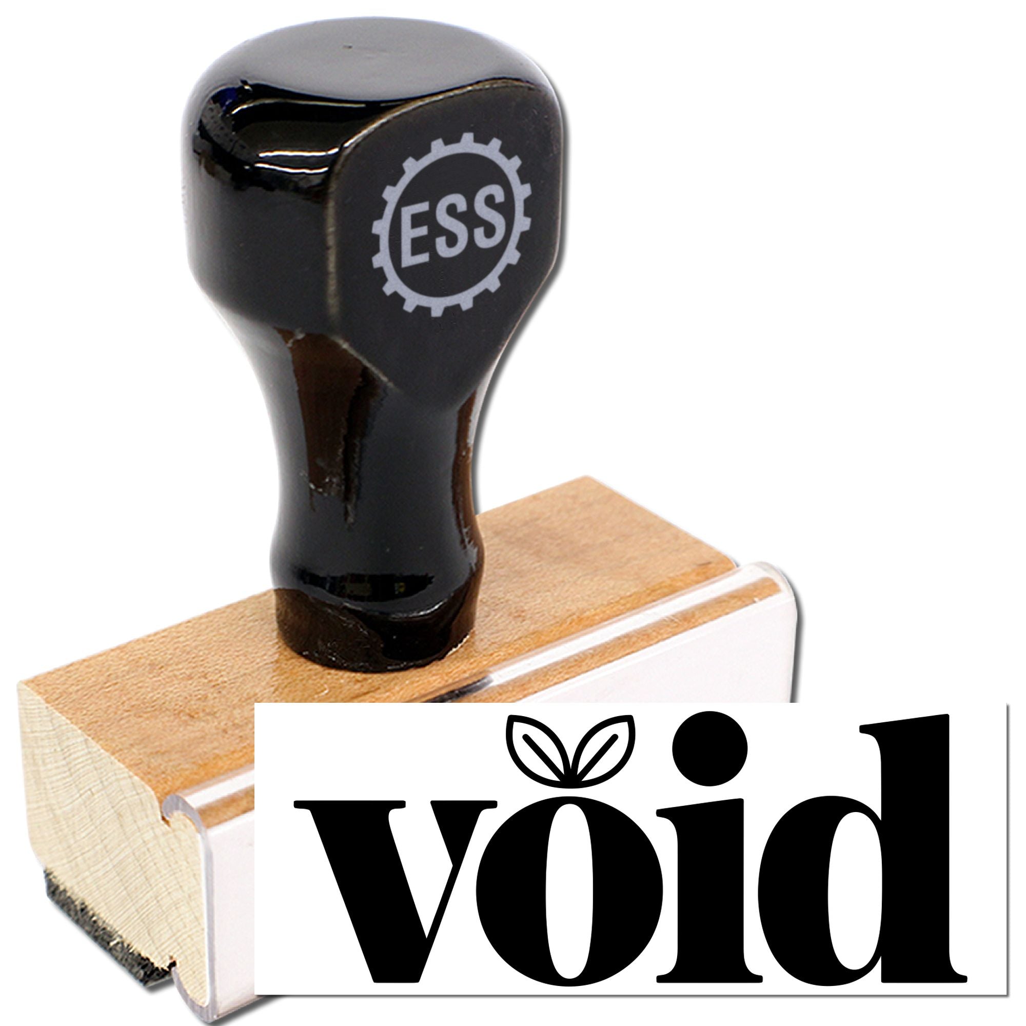 Black ESS stamp and seal on wooden block, showing bold VOID text imprint.