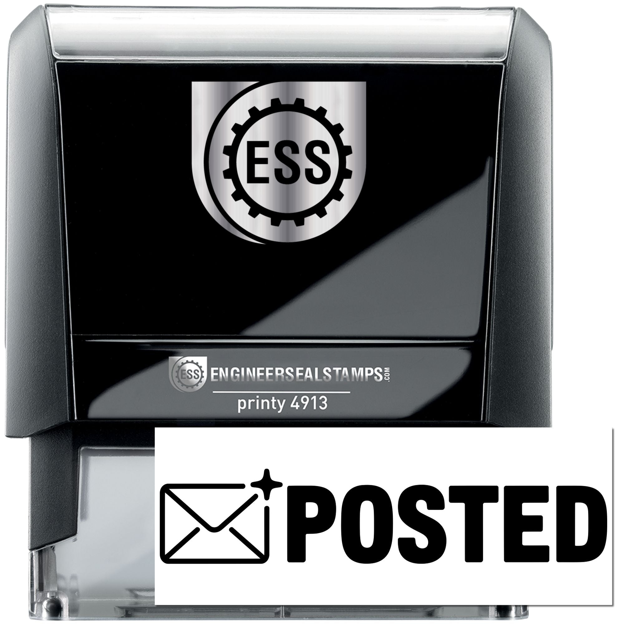 Black and silver self-inking stamp and seal with ESS logo, POSTED imprint, and printy 4913 label.