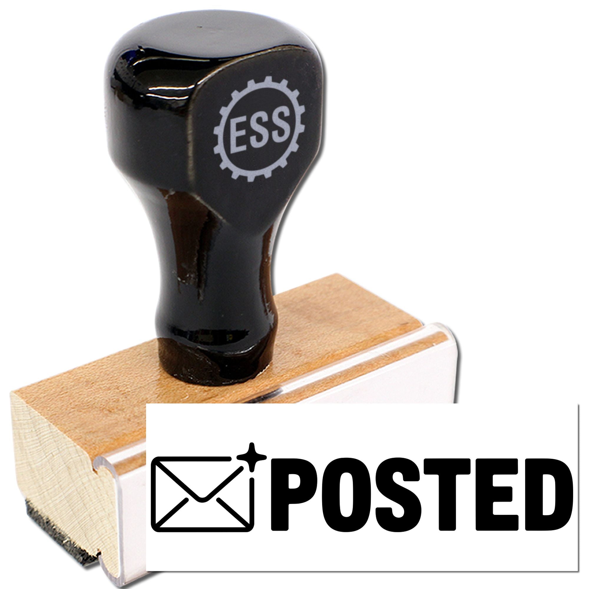 Black ESS rubber stamp on a wooden handle with bold Posted seal graphic on a white background.