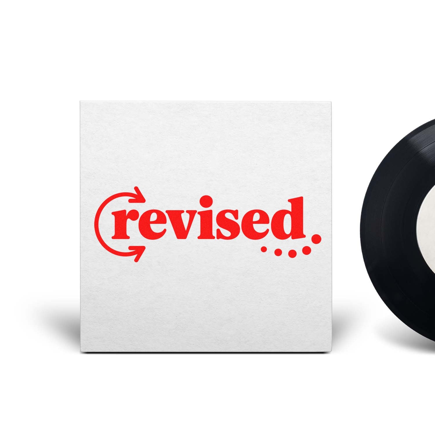 White square rubber stamp with red revised text, curved arrows and dots, beside a black seal edge.