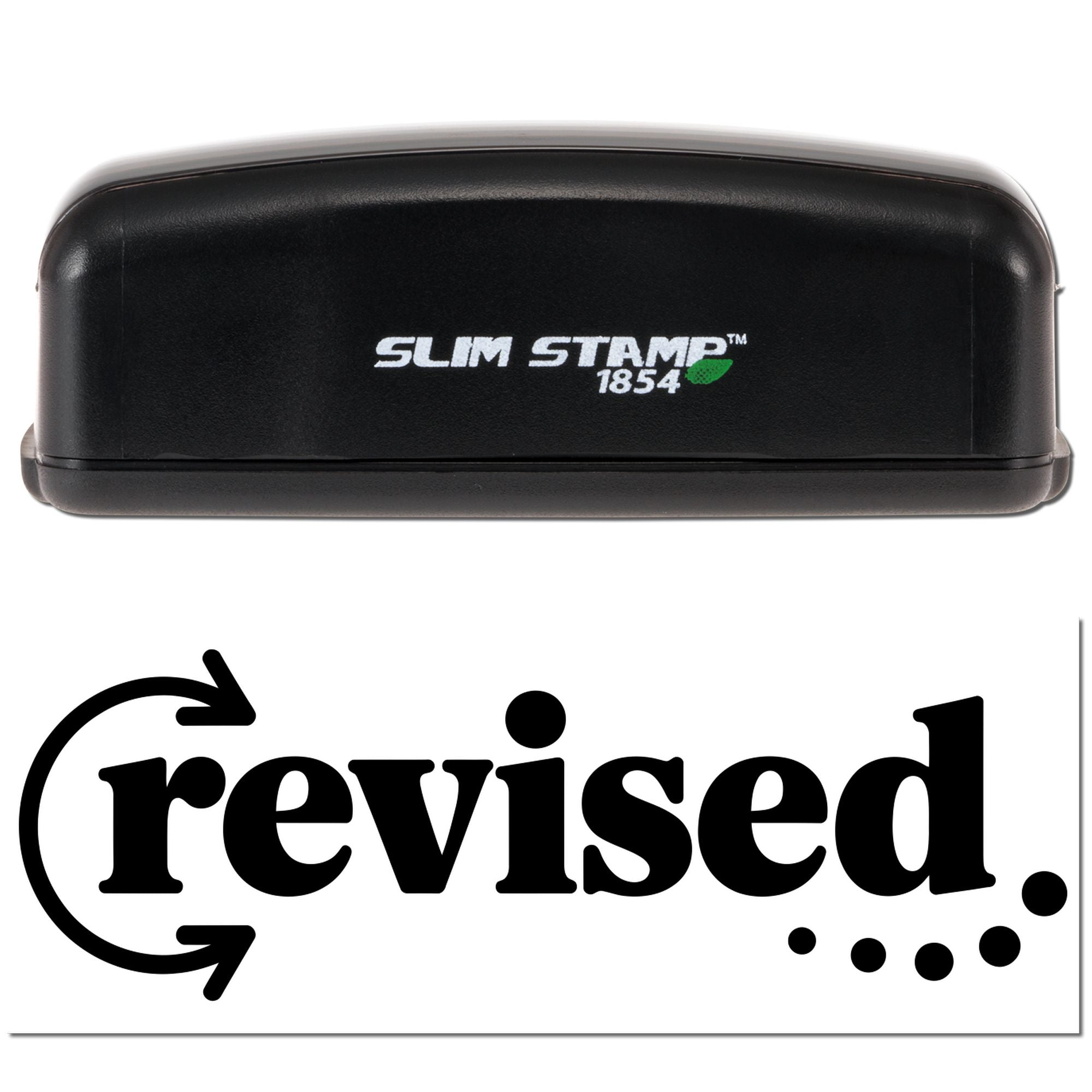 Black Slim Stamp 1854 self-inking stamp case above a revised seal logo on white background.