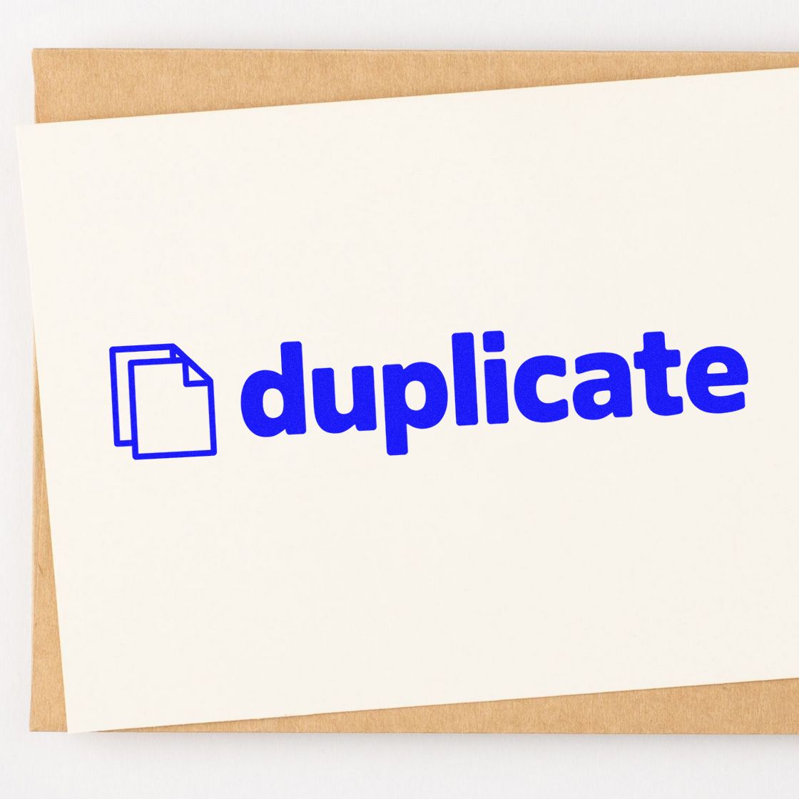 Blue duplicate stamp seal on white paper over kraft envelope background