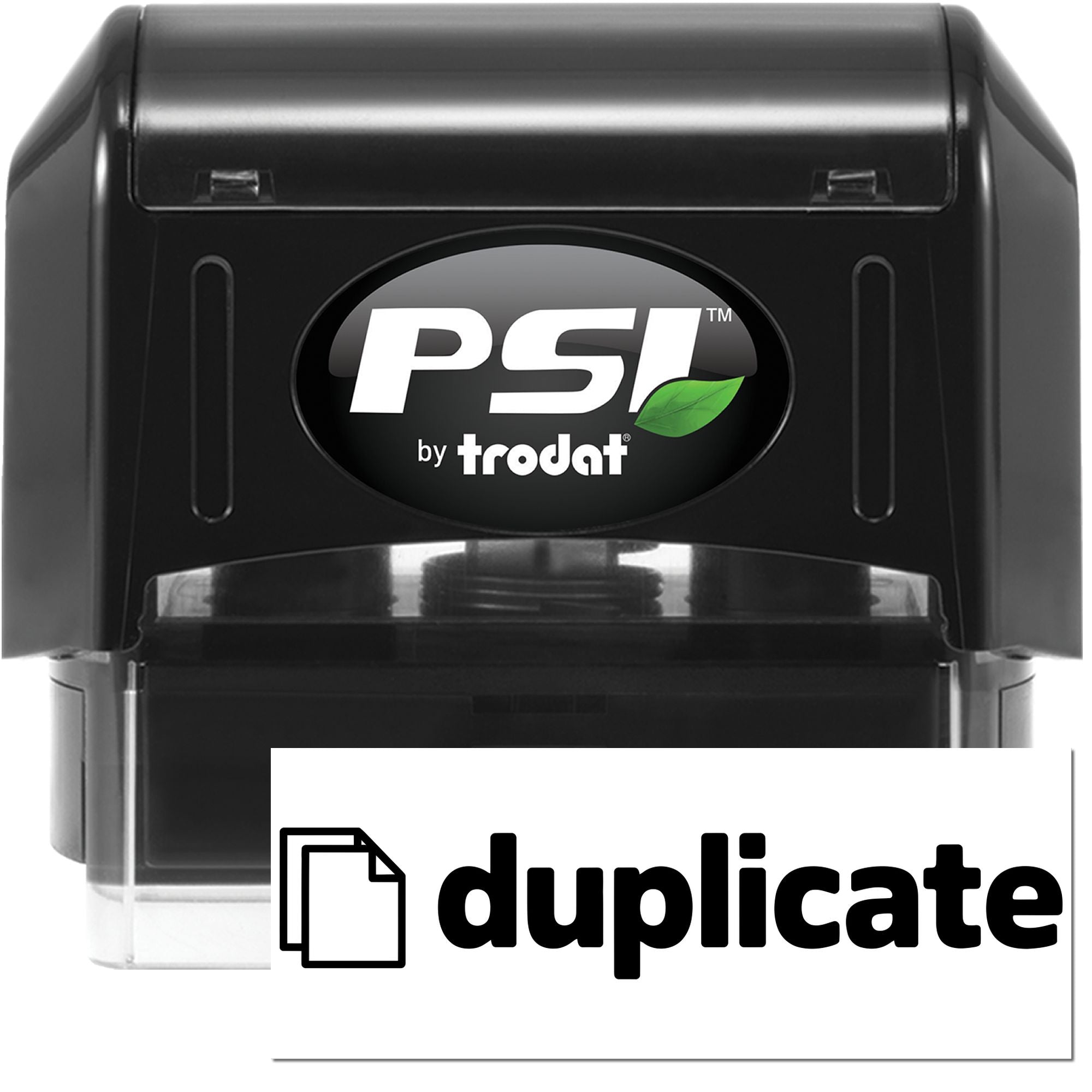 Black PSI by Trodat self-inking stamp and seal with green leaf logo and duplicate icon on white background.