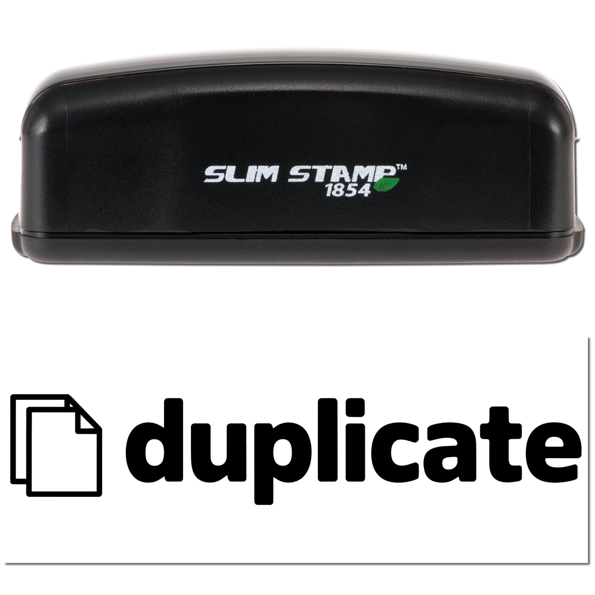 Black Slim Stamp 1854 self-inking stamp with duplicate seal logo, black casing on white background.