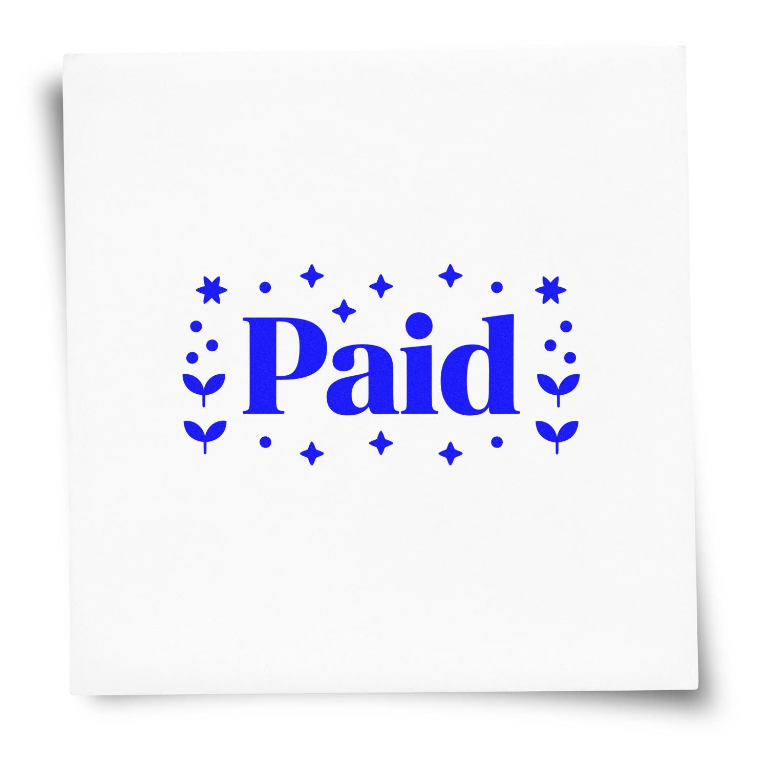 Blue Paid stamp seal with stars, dots, and leaf accents on a white card background.