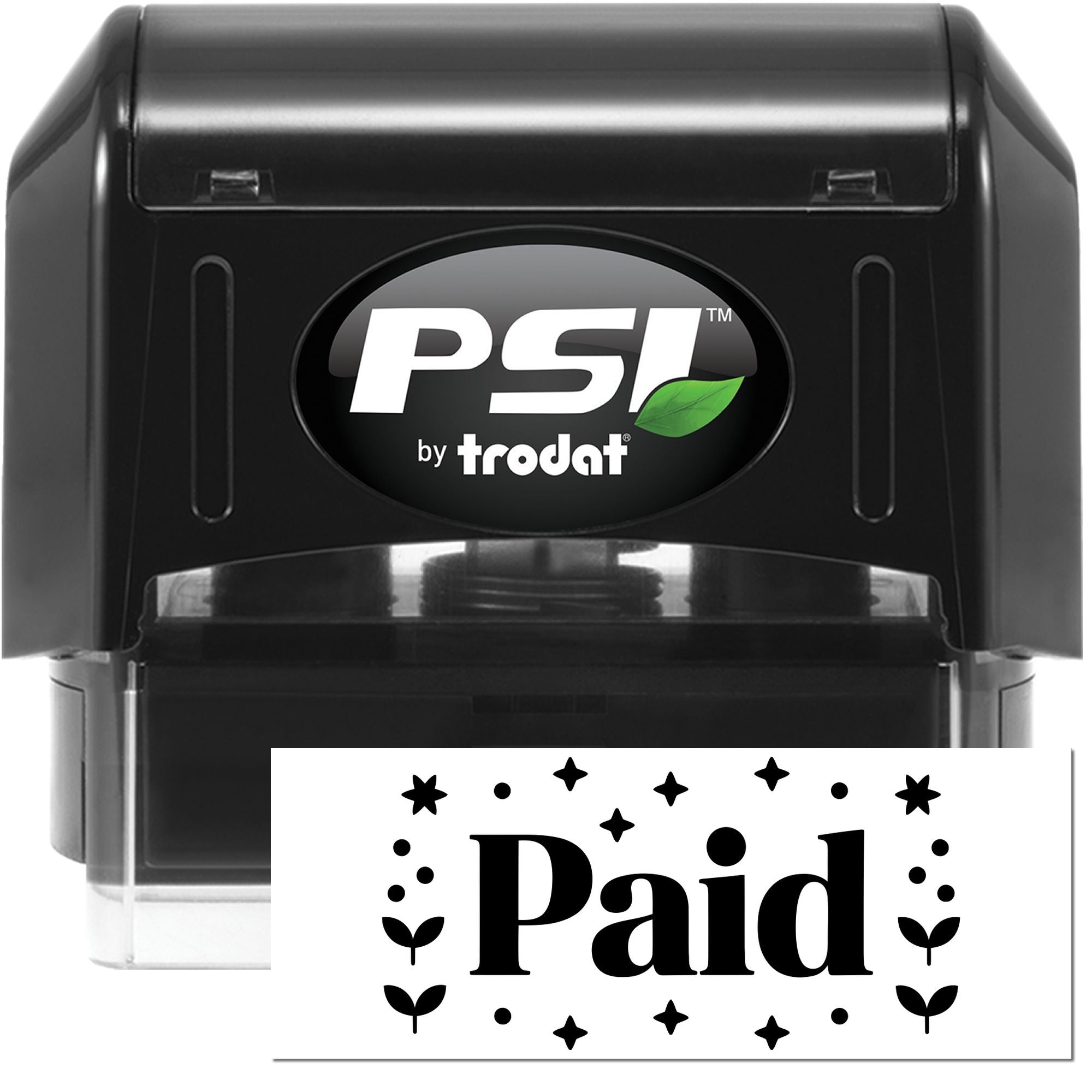 Black PSI by Trodat self-inking stamp with green leaf logo and Paid seal impression on white background