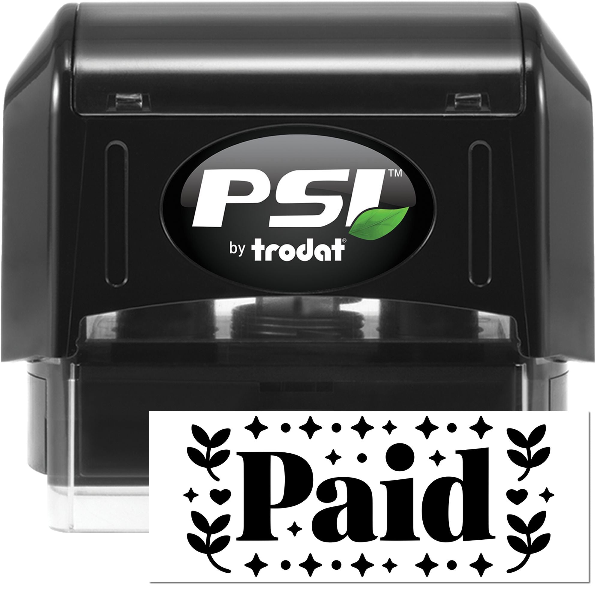 Black PSI by Trodat self-inking stamp with green leaf logo and bold Paid seal impression on white background.
