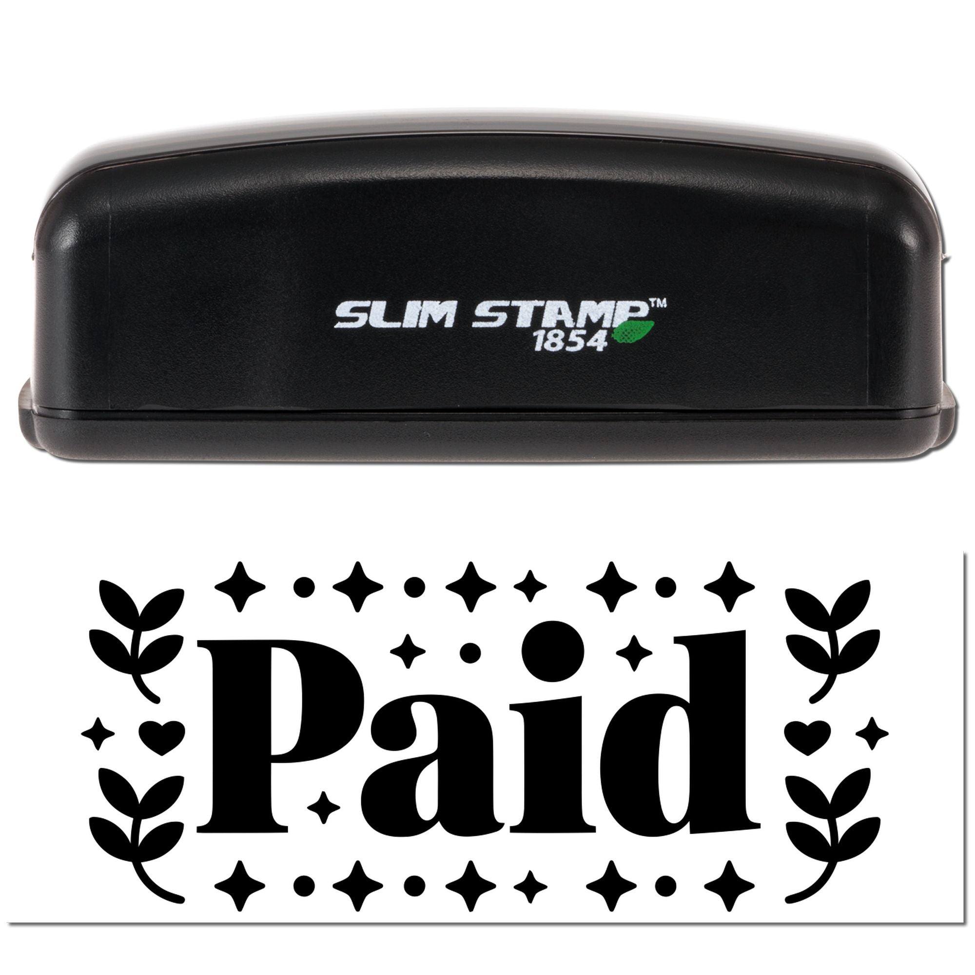 Black Slim Stamp 1854 embosser and Paid seal impression with stars, hearts, and leaf accents.