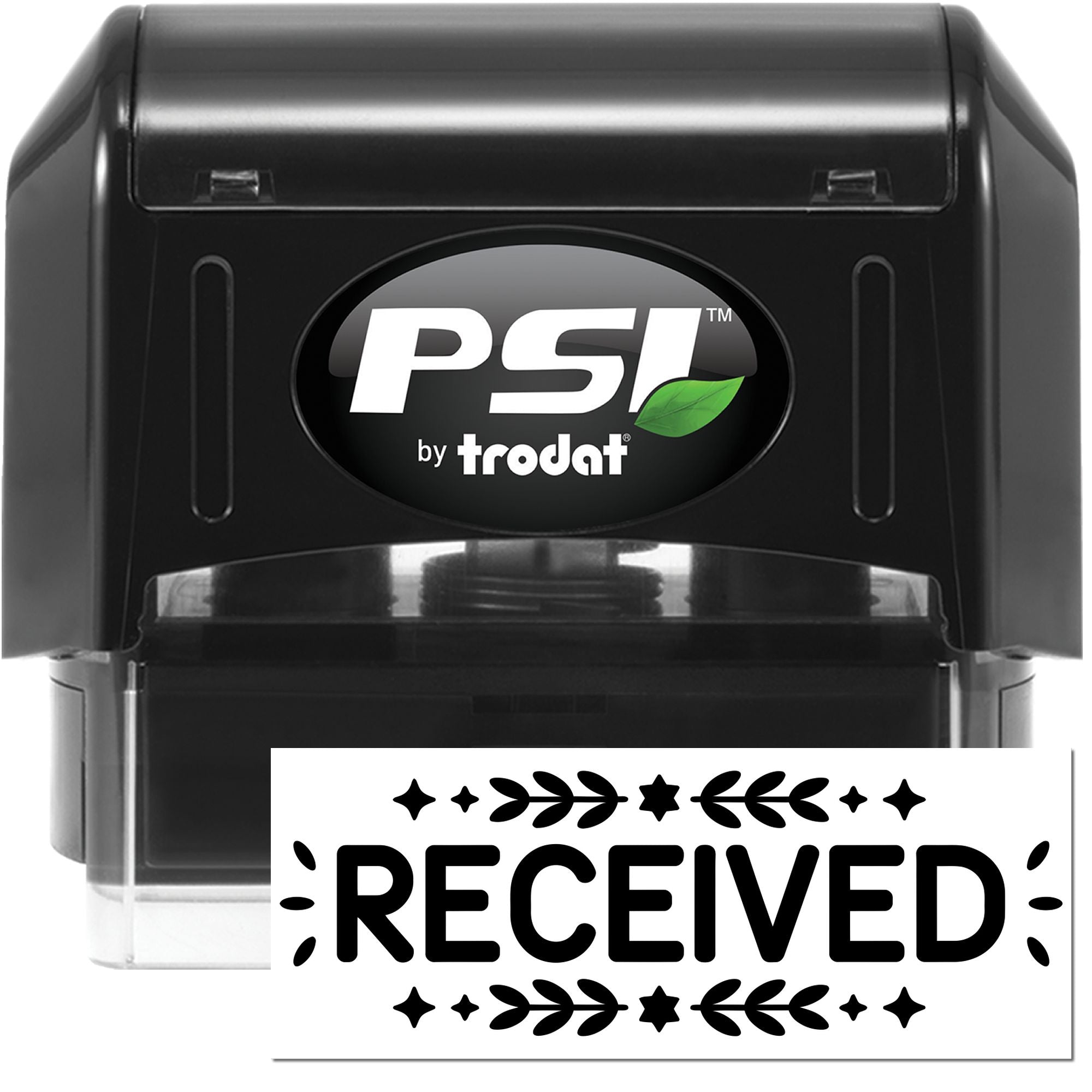Black PSI by Trodat self-inking stamp and seal with white RECEIVED impression and decorative leaf accents
