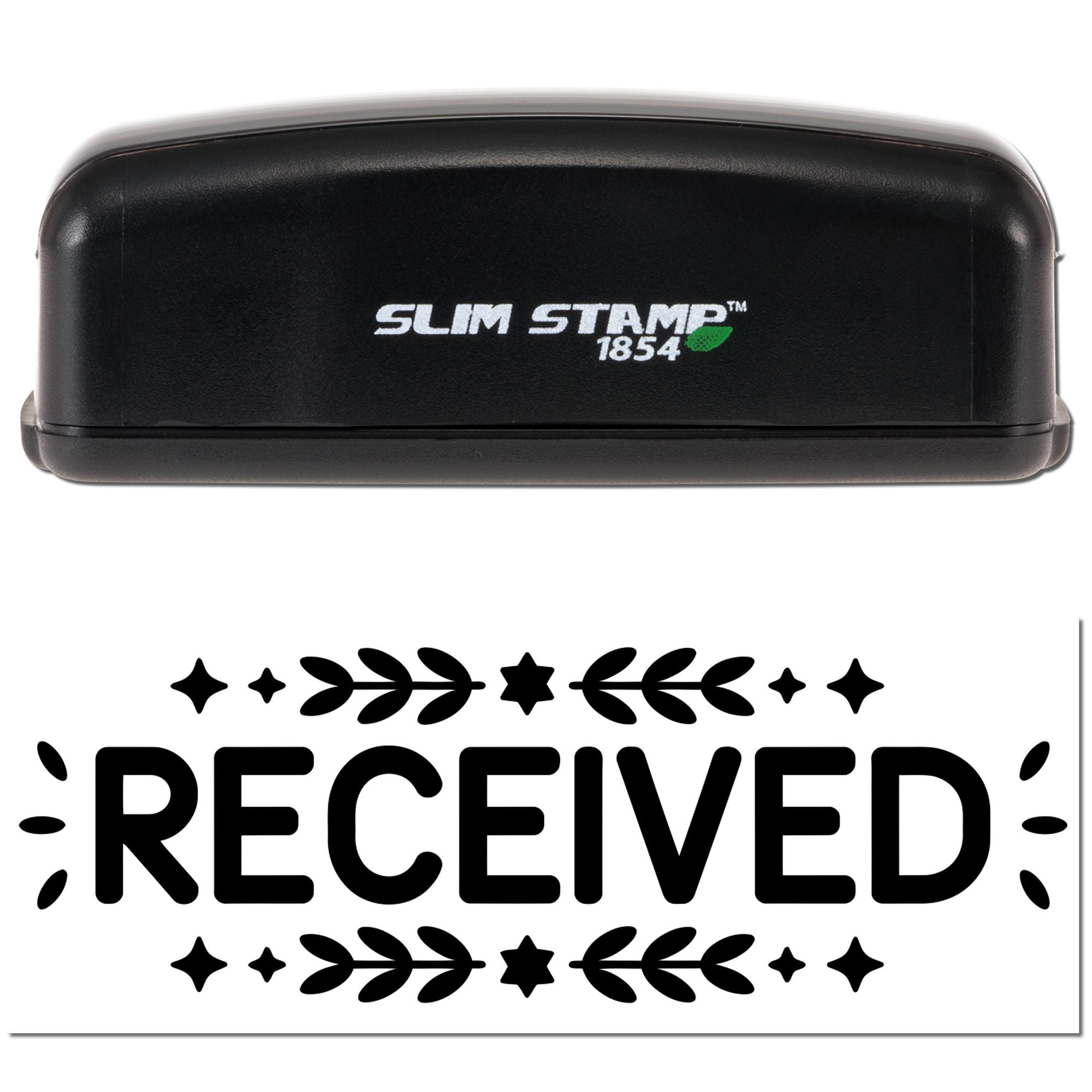 Black Slim Stamp 1854 self-inking stamp with white logo and bold RECEIVED seal impression with decorative stars and leaves.