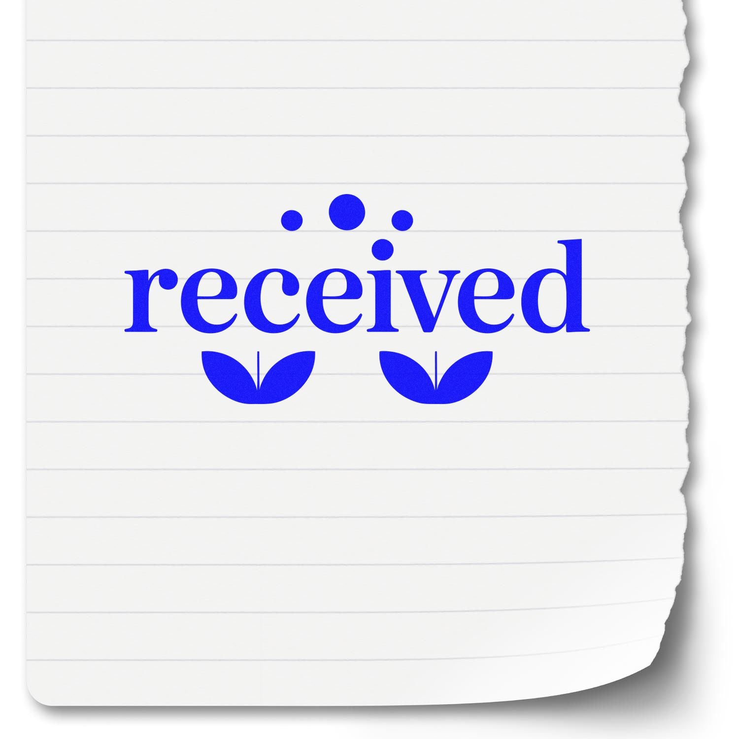 Blue received stamp seal with dots and leaf icons on white lined paper background