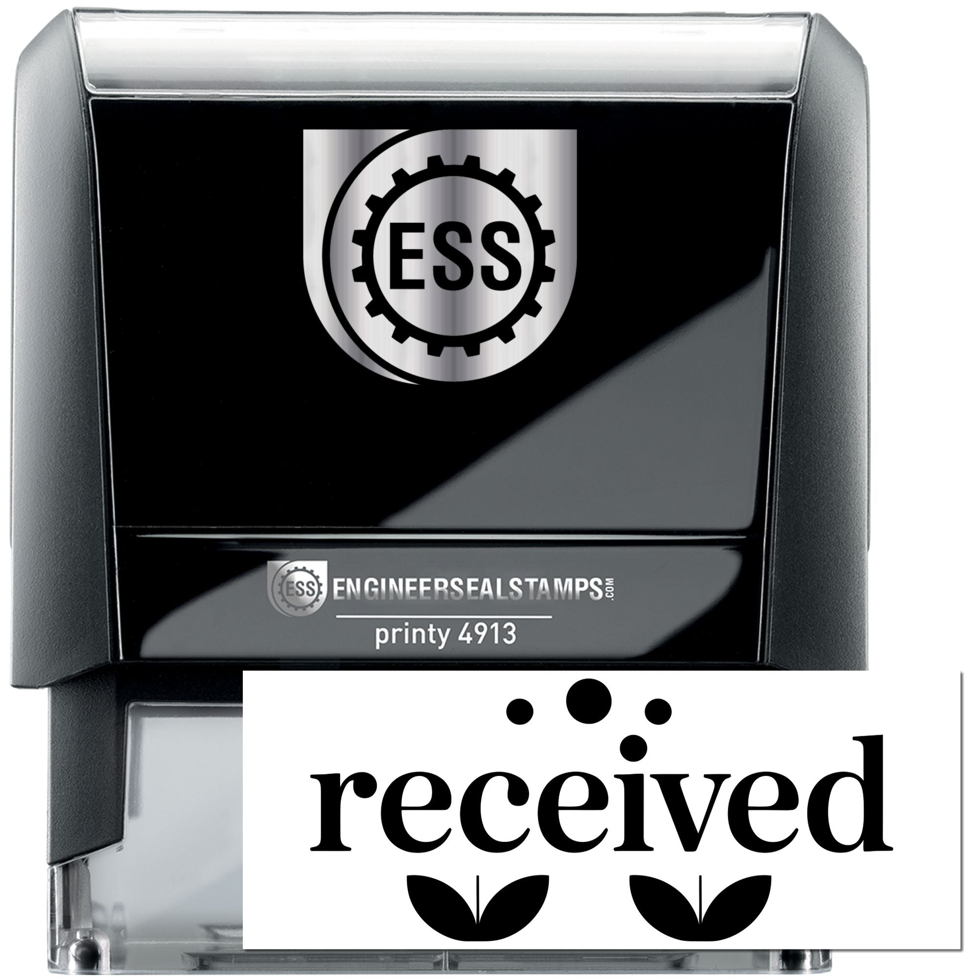 Black and silver self-inking stamp with ESS gear logo and received seal design.