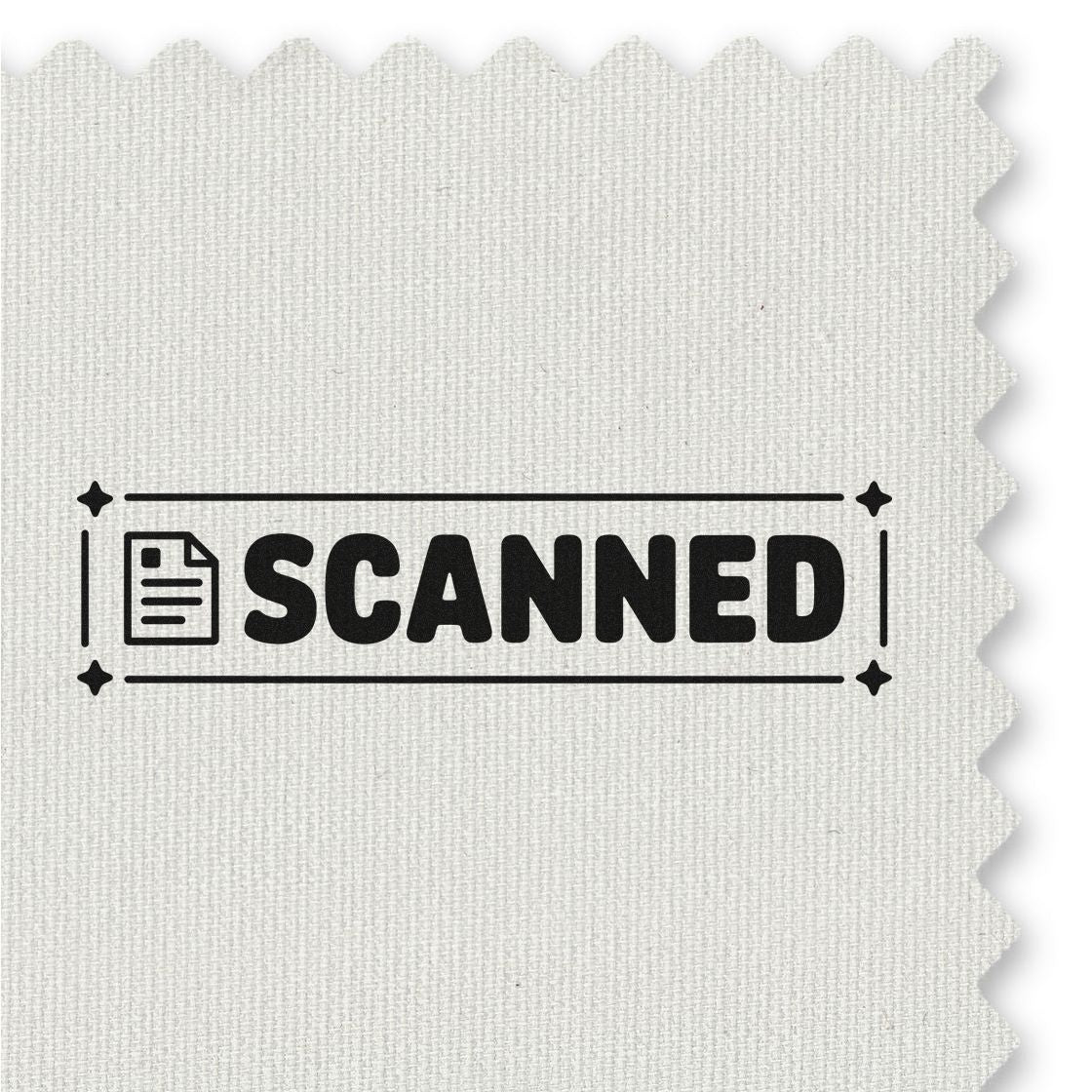 Black SCANNED rubber stamp seal with document icon on white textured fabric background.