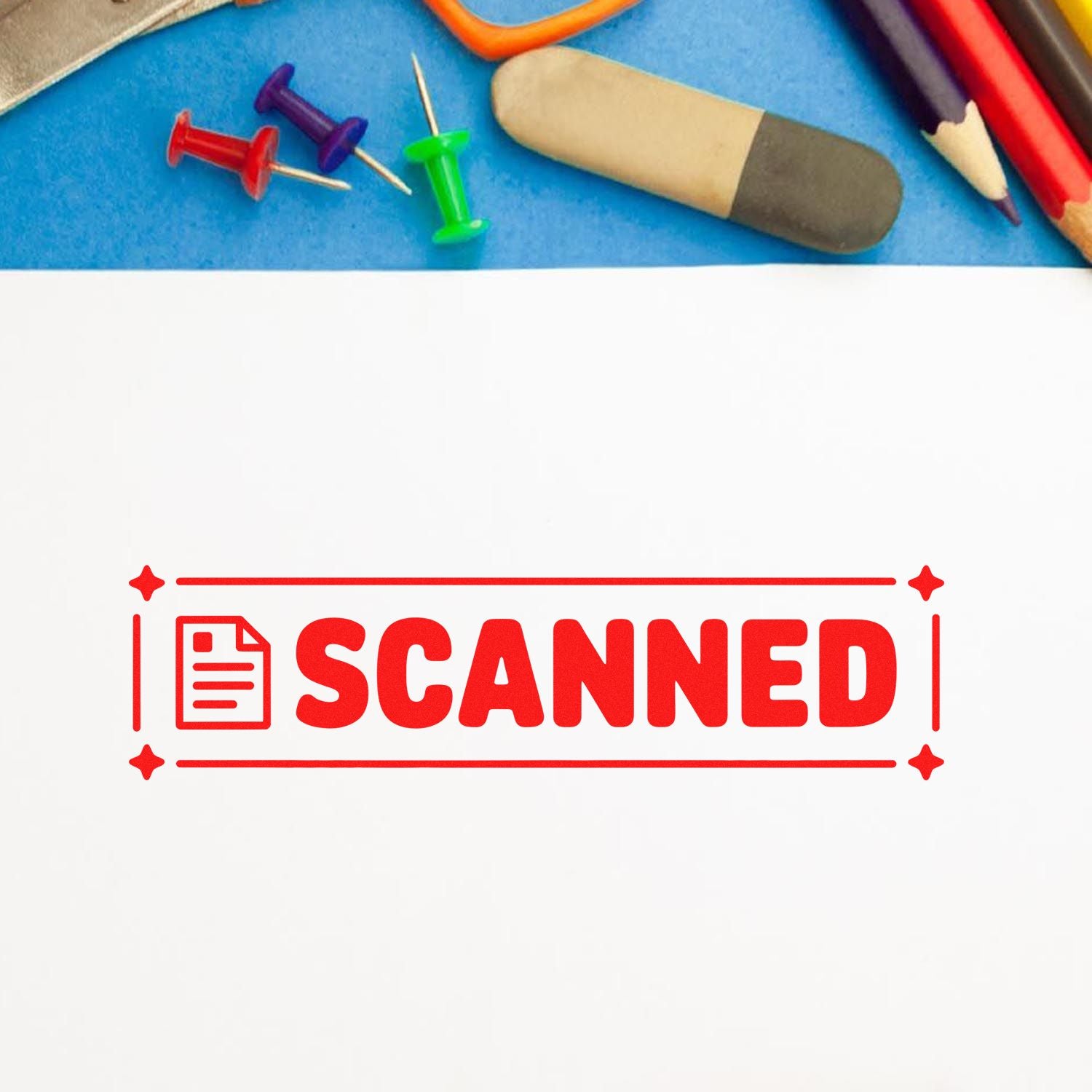 Red SCANNED stamp seal graphic with document icon, on white paper beside colorful stationery and push pins.