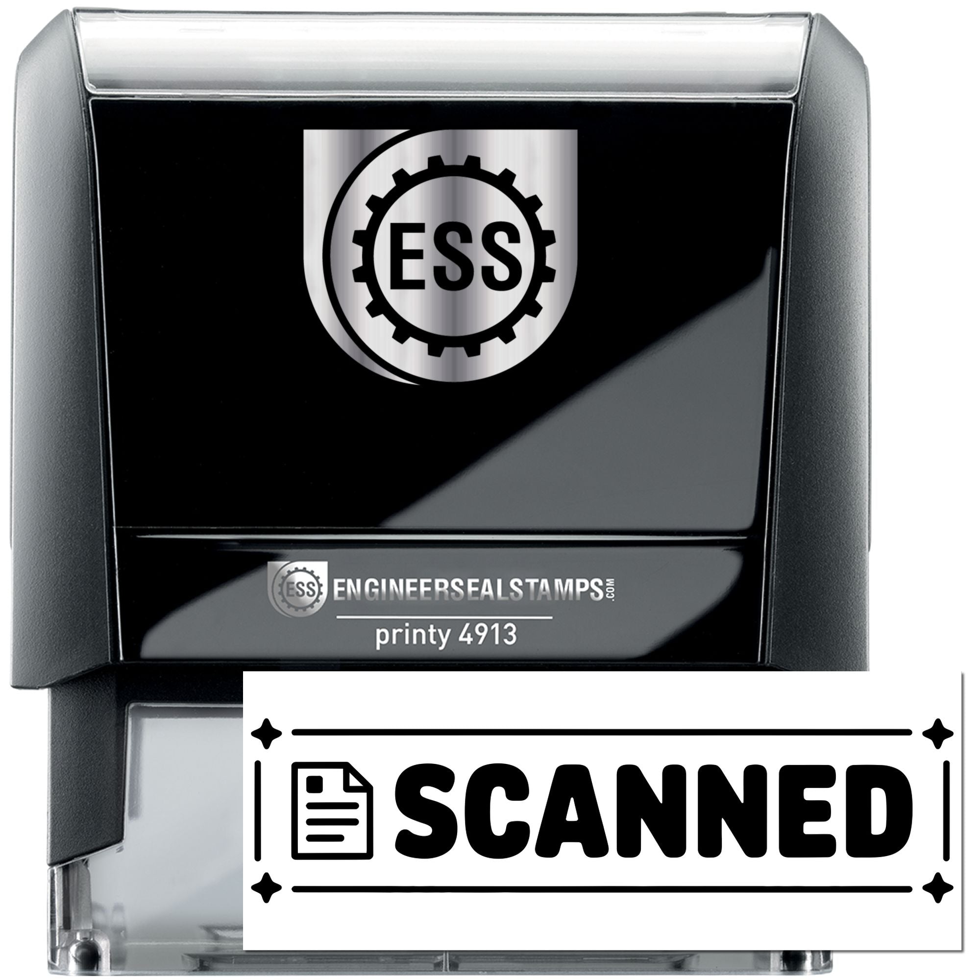 Black self-inking engineer seal stamp with silver ESS logo and white SCANNED impression
