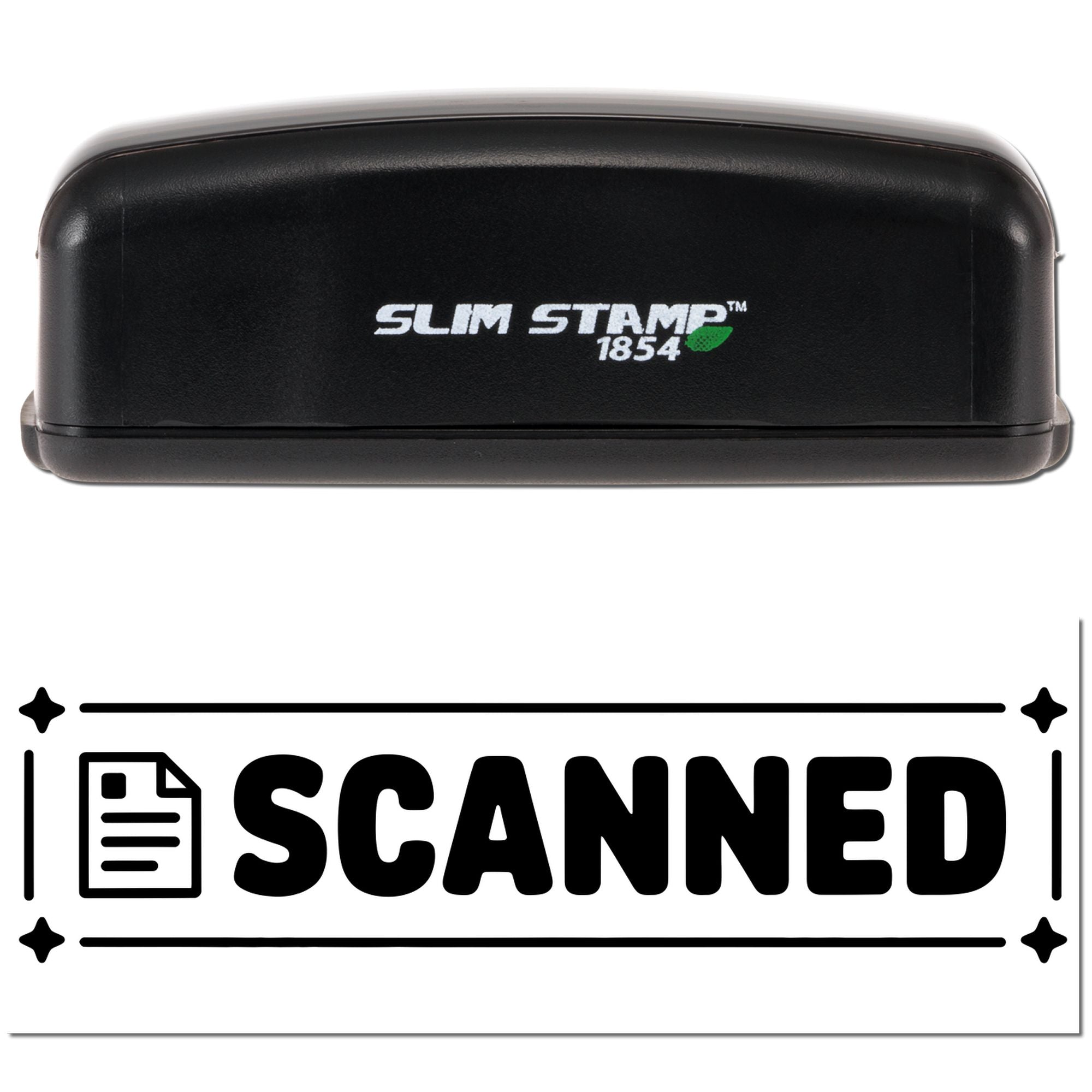 Black Slim Stamp 1854 self-inking stamp and seal with white logo, shown above bold black SCANNED imprint.