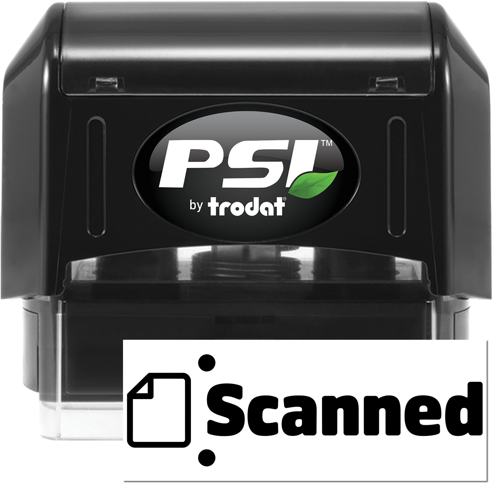 Black PSI by Trodat self-inking stamp and seal with clear case and Scanned label overlay.