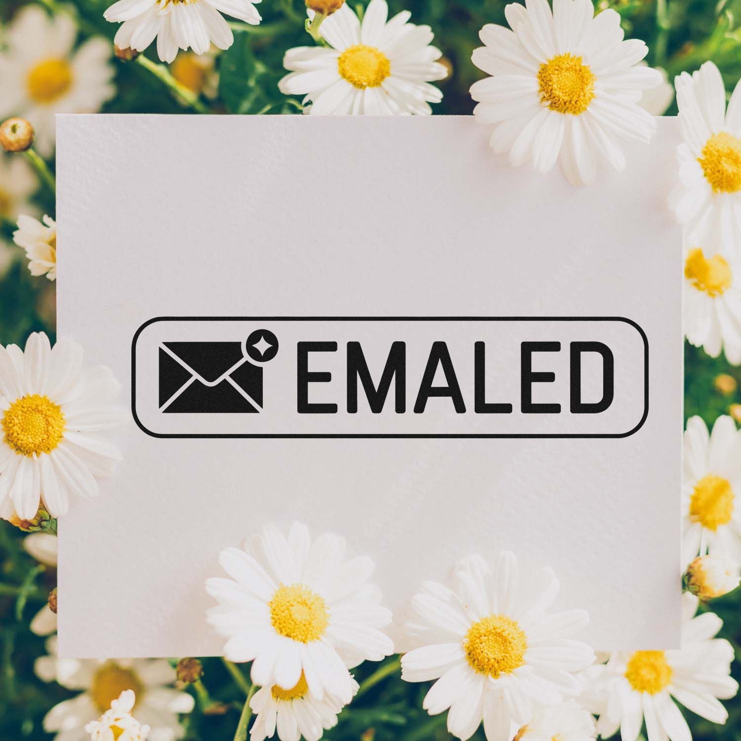 Black EMAILED stamp seal with envelope icon on white card, framed by white daisies with yellow centers.