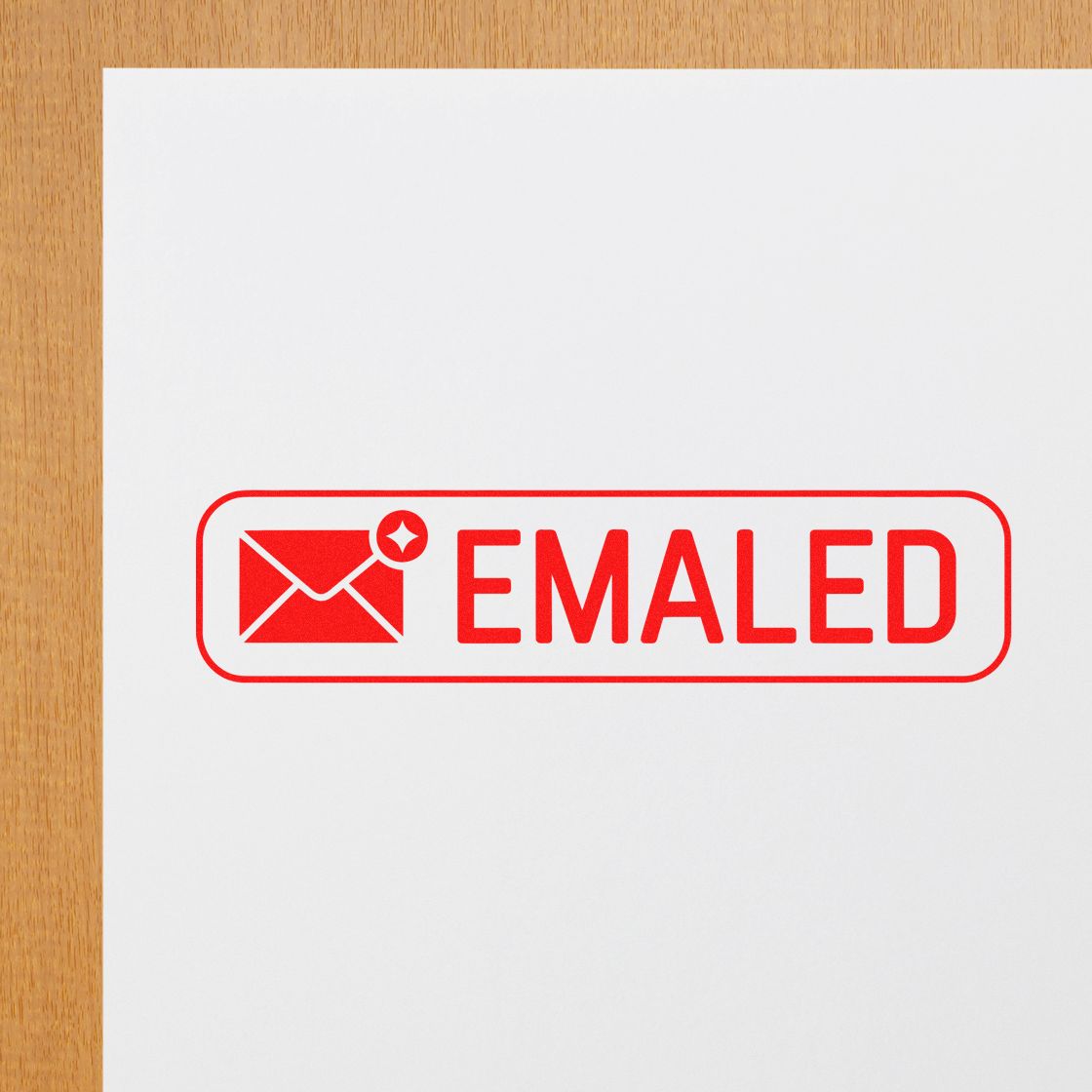 Red mailed stamp seal with envelope icon and rounded border on white paper.
