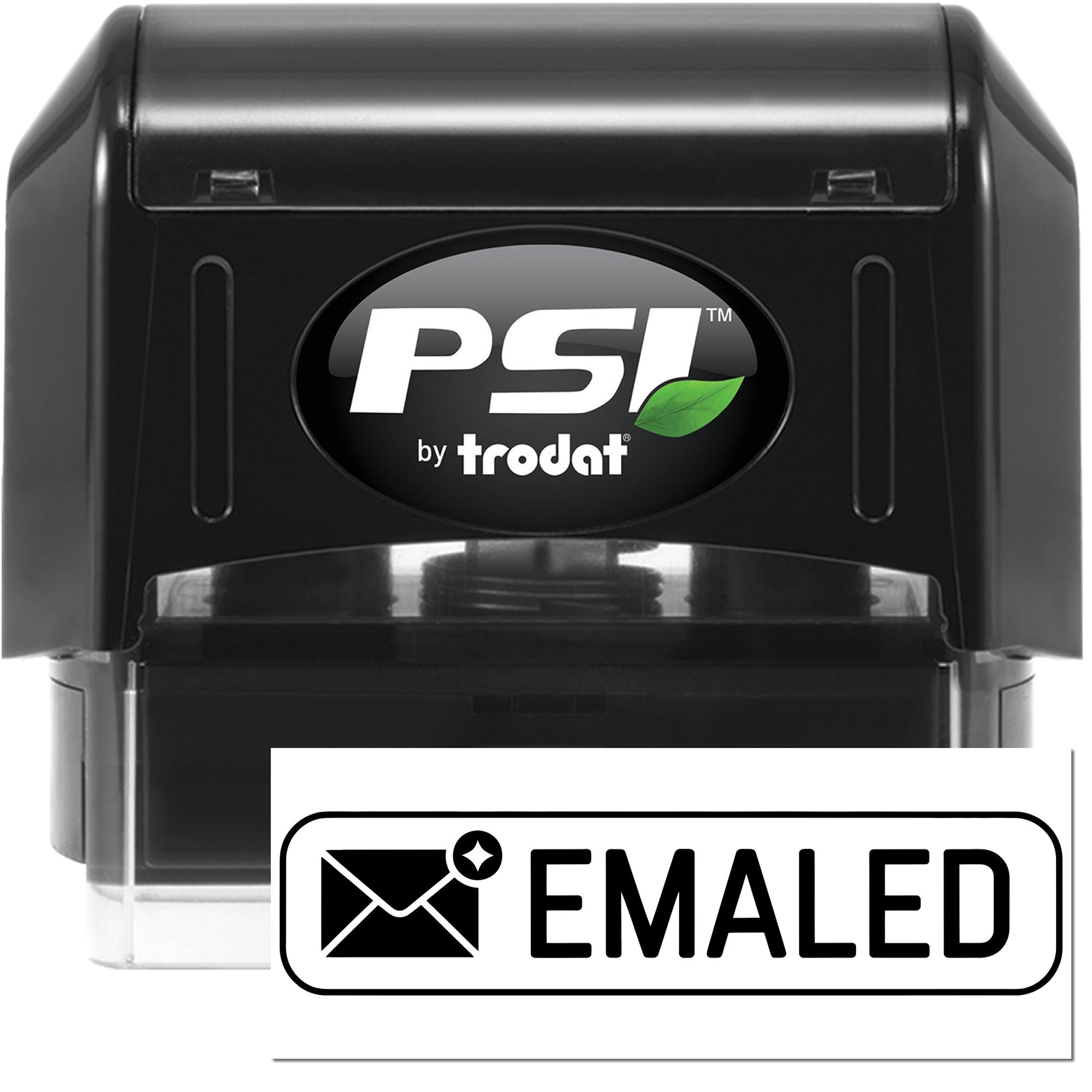 Black PSI by Trodat self-inking stamp and white EMALED seal, with green leaf logo.