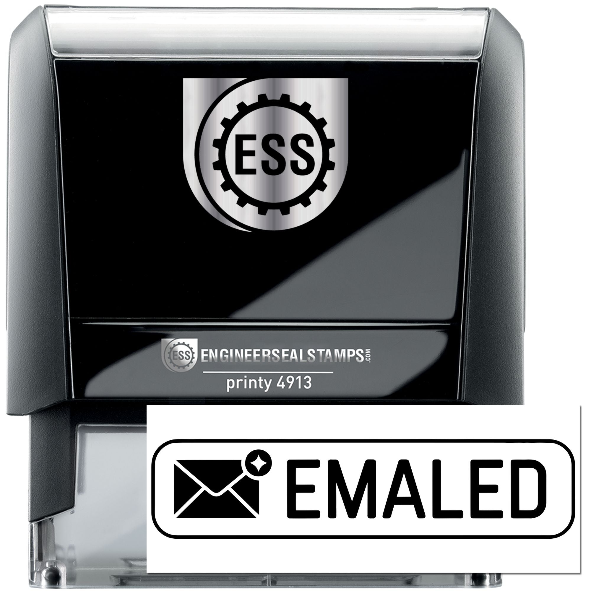 Black self-inking stamp and seal with silver EESS logo and white EMAILED label, engineered seal stamps product