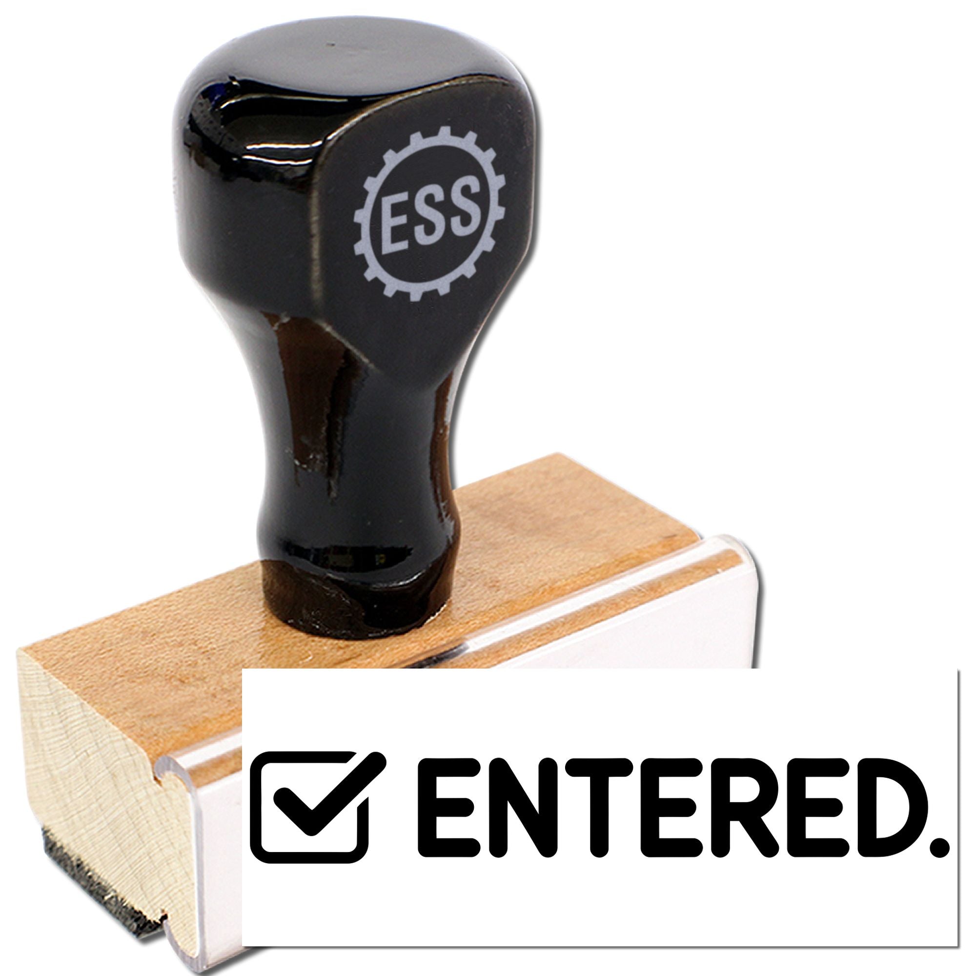 Black ESS rubber stamp with wooden base and ENTERED seal card on white background