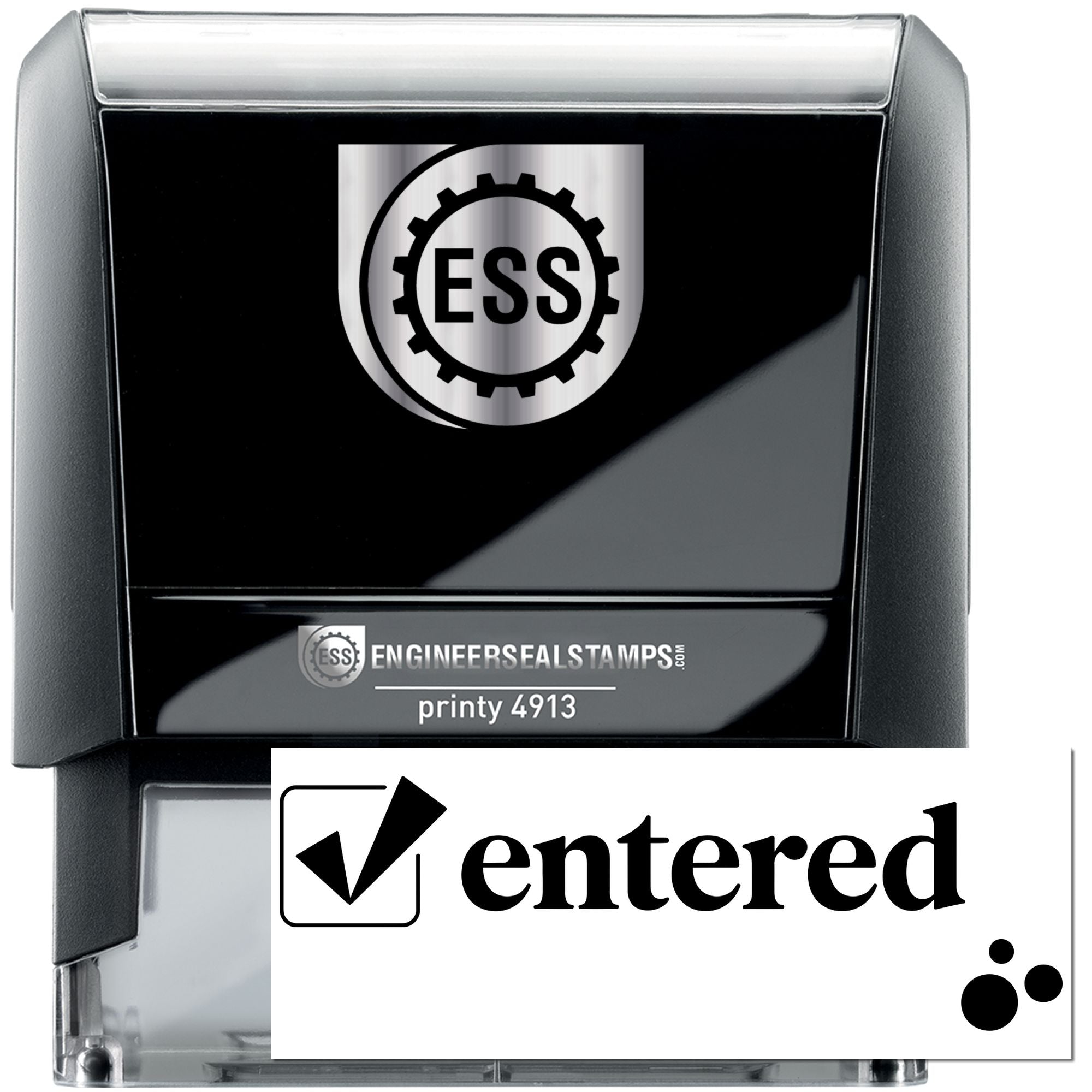 Black self-inking engineer seal stamp with silver trim, ESS gear logo, and white entered insert card