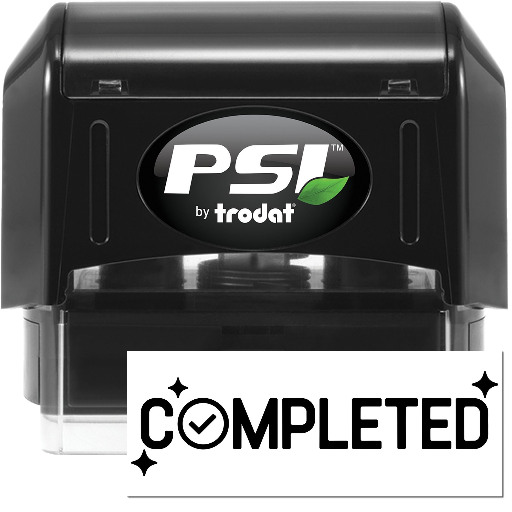 Black PSI by Trodat self-inking stamp and seal with green leaf logo and COMPLETED imprint
