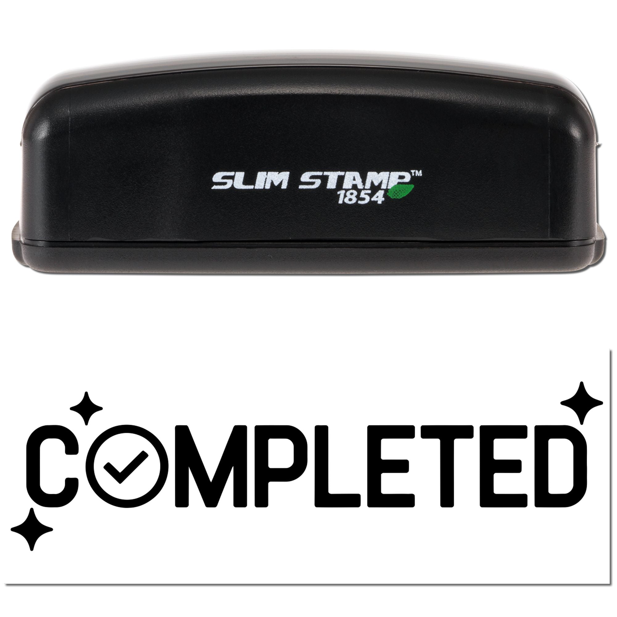 Black Slim Stamp 1854 self-inking stamp with bold COMPLETED seal graphic and checkmark on white background.