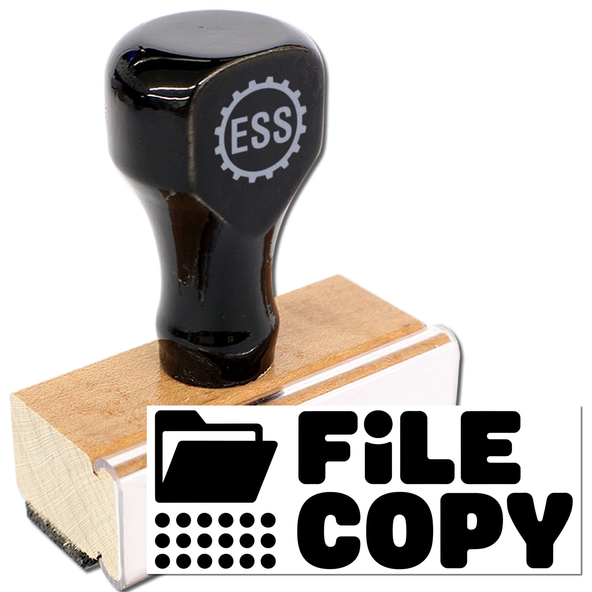 Black ESS stamp seal on wooden base with white File Copy label