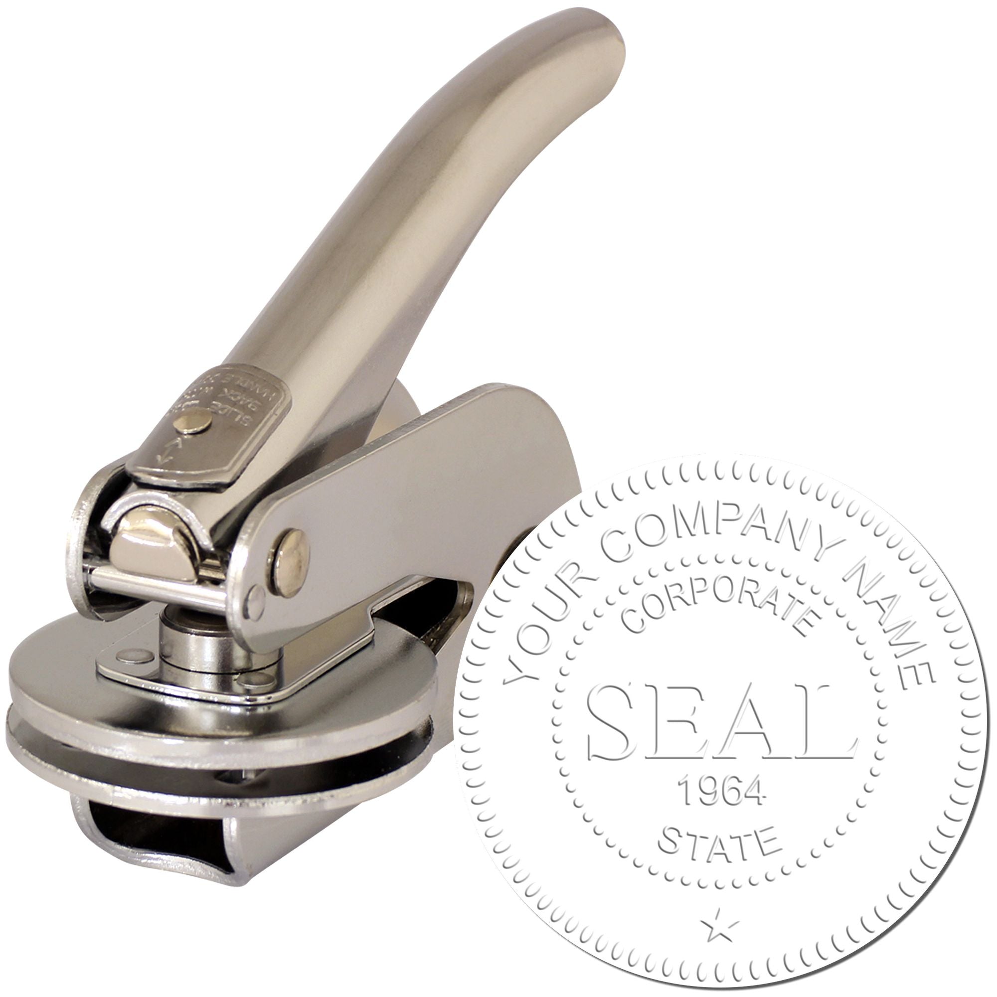 ESS Standard Handheld Corporate Seal with Date embossing a document, showcasing the embossed imprint for official sealing.