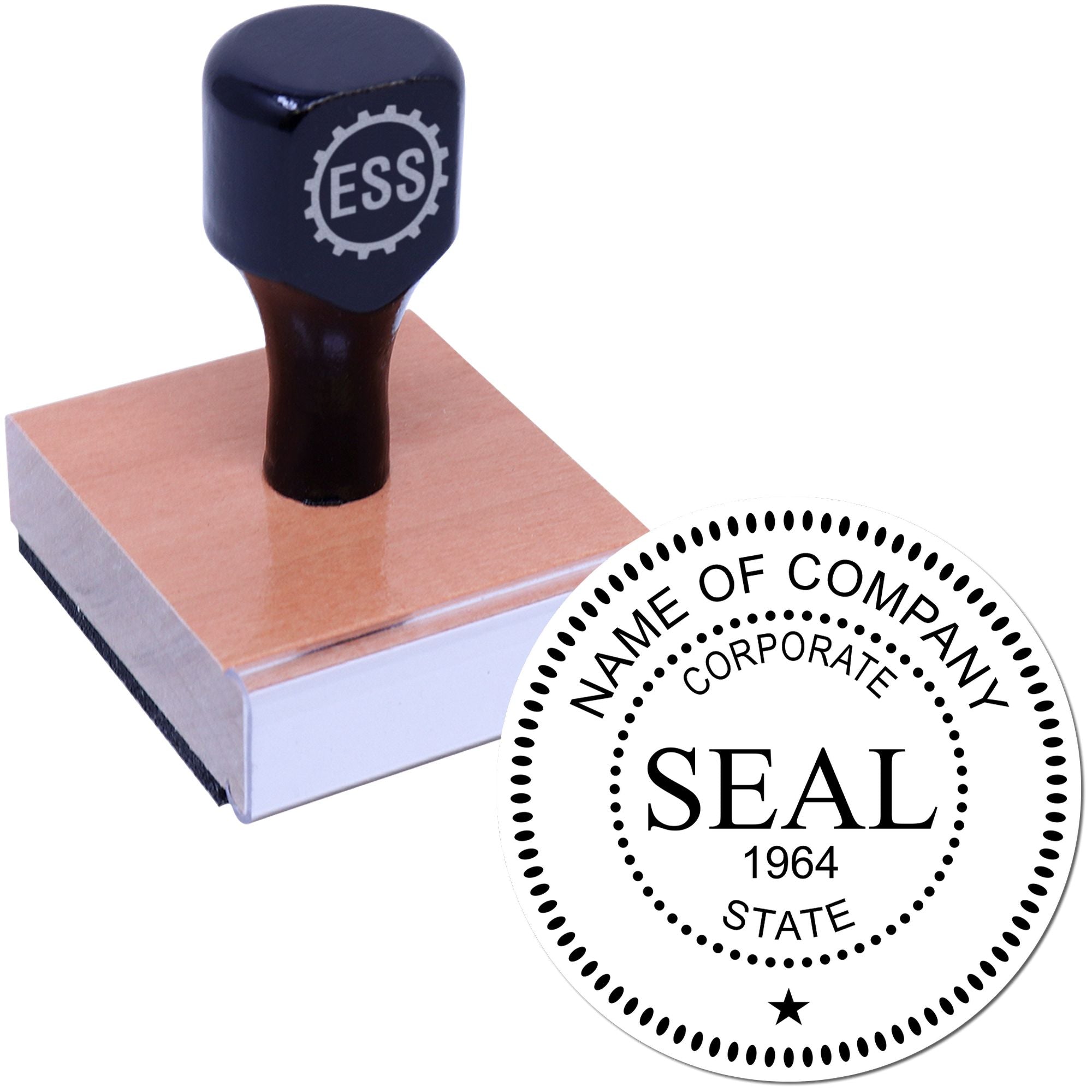 Dark navy corporate stamp on wooden base with round black-and-white seal reading SEAL 1964, NAME OF COMPANY, STATE