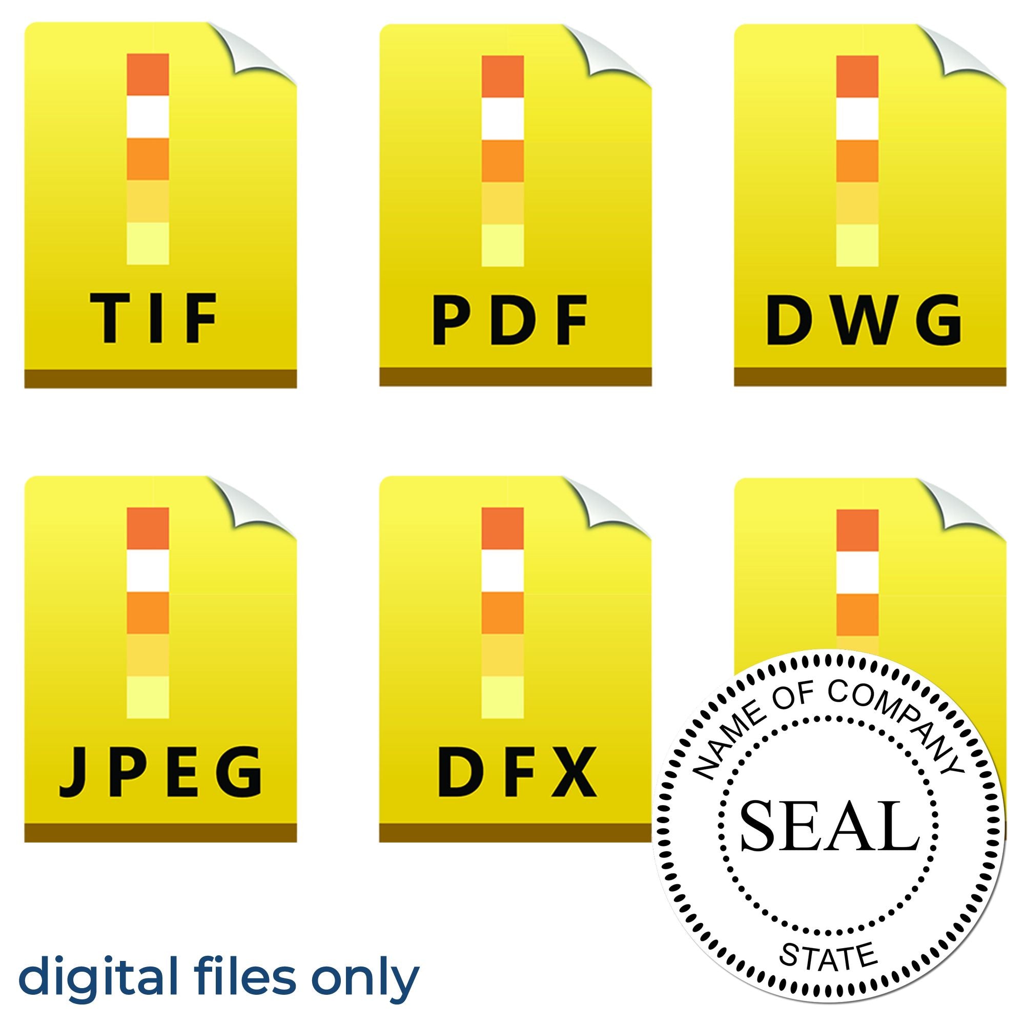 Yellow file icons labeled TIF, PDF, DWG, JPEG and DFX with a round company seal stamp and digital files only text.