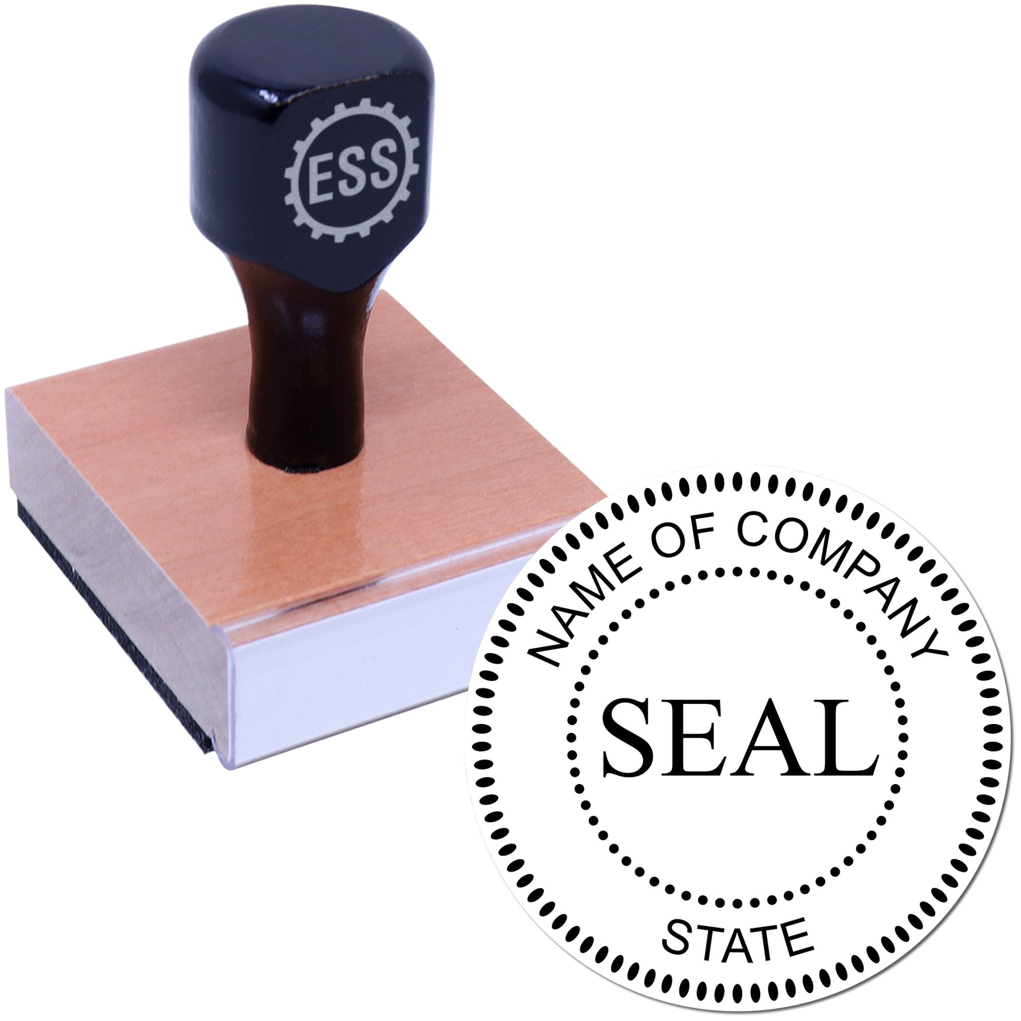 Dark navy rubber company stamp on a wooden block with a round white seal reading NAME OF COMPANY SEAL STATE.