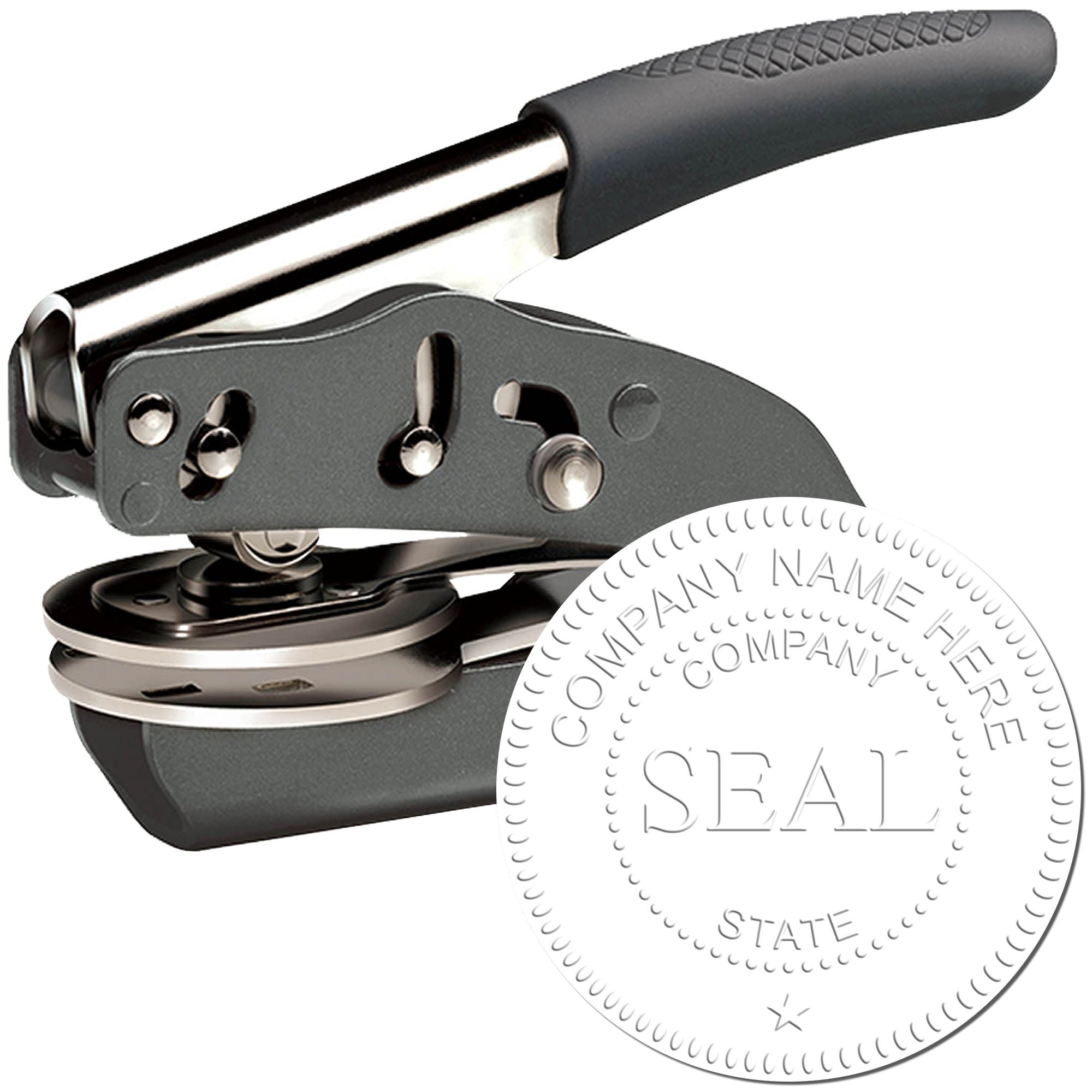 Gray and black handheld embosser stamp with custom circular company seal impression reading COMPANY NAME HERE and STATE.