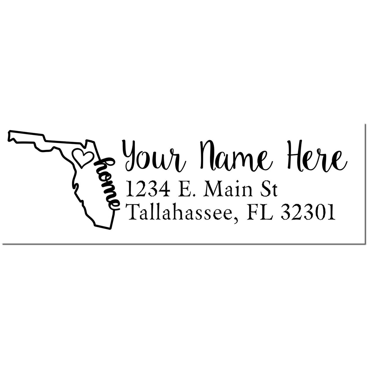 Wood handle Florida custom address rubber stamp from ESS with state love design and enlarged black imprint.