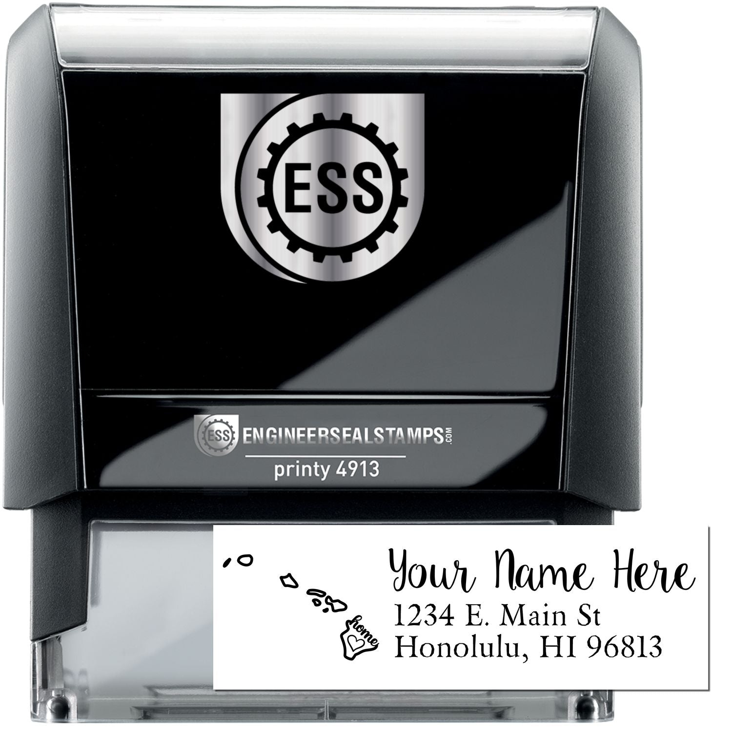 Hawaii Self-Inking State Love Address Stamp featuring a black casing with a customizable address imprint, including a heart and state outline design. Perfect for personalizing mail with a Hawaiian touch.
