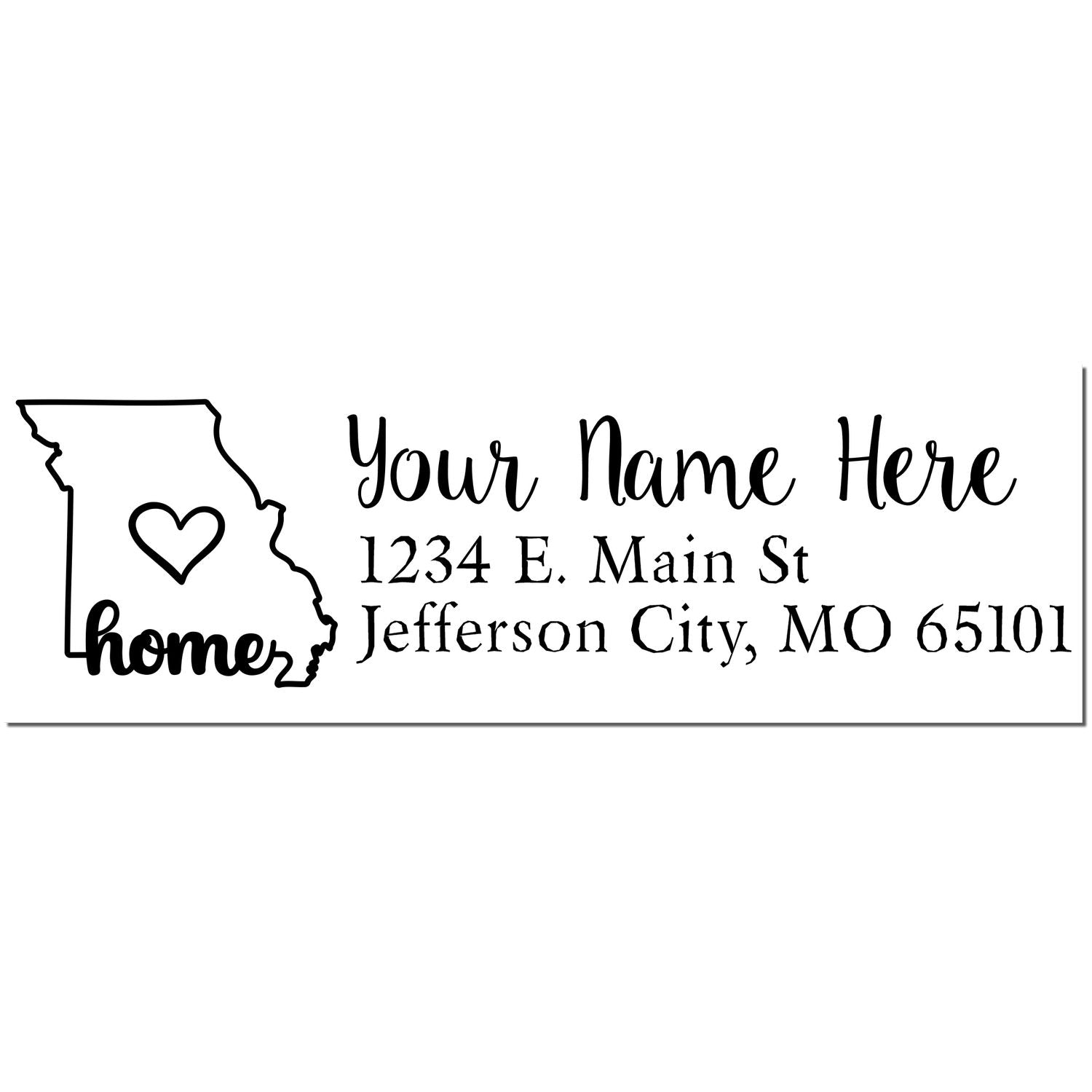 Missouri state love rubber stamp with wooden handle by ESS, featuring a black inked imprint of the Missouri map and address.