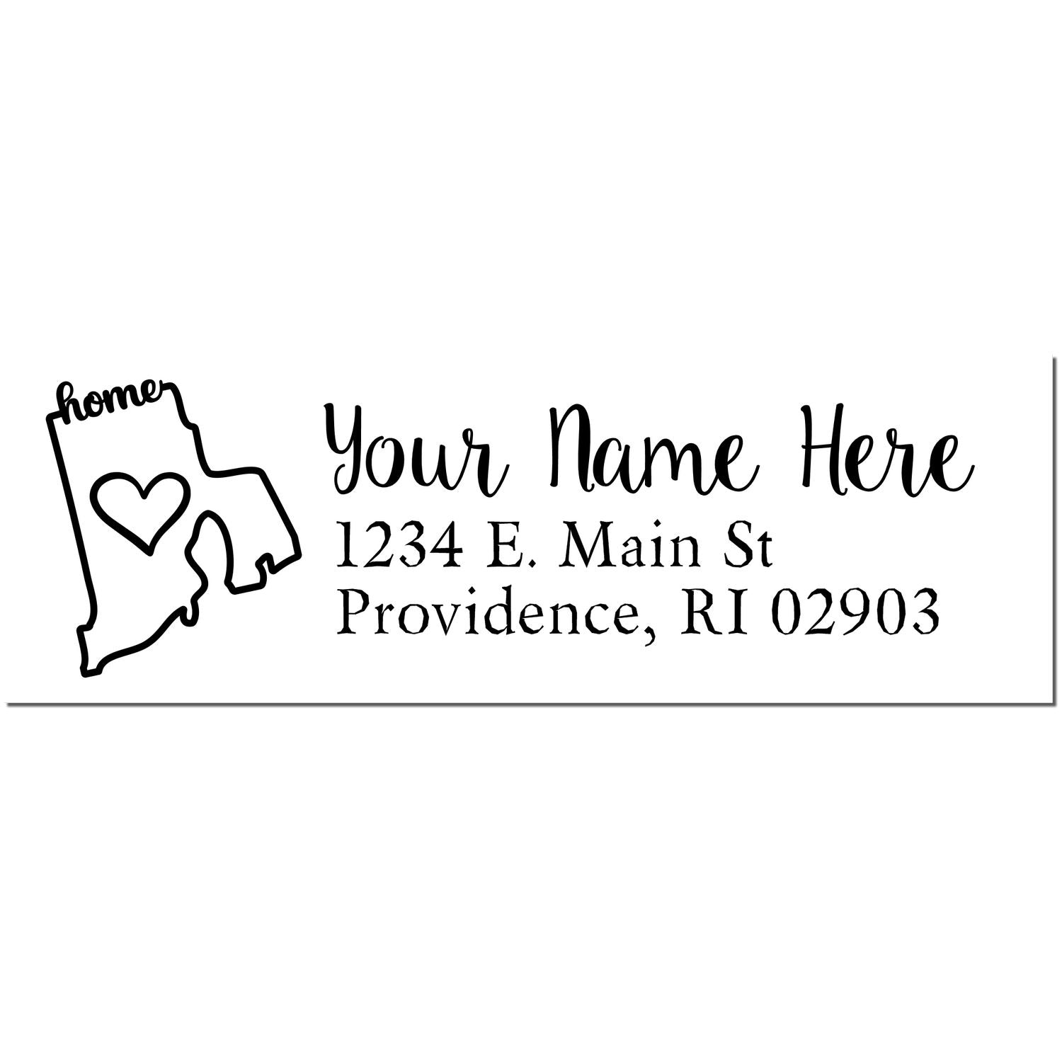 Wood handle Rhode Island state love rubber stamp by ESS with black ink impression of Rhode Island outline and address design.