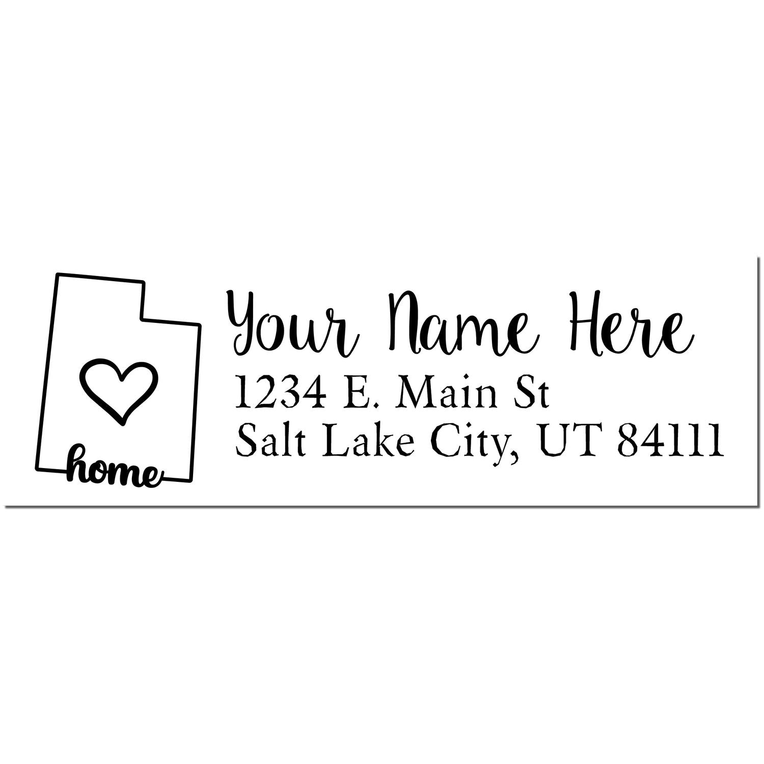 Close-up of Utah state-shaped rubber stamp with black ink imprint, featuring a wood handle and "State Love Stamps" by ESS.